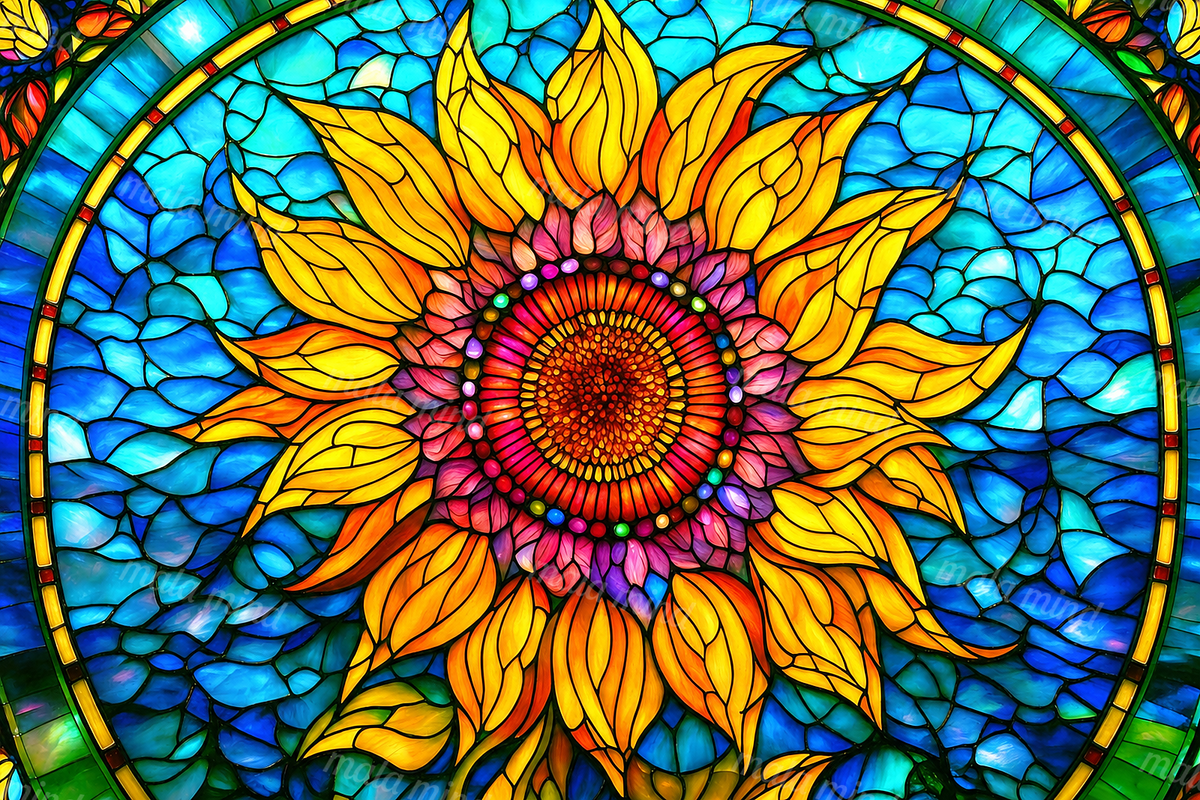 Vibrant stained-glass sunflower medallion with yellow petals and a blue mosaic background — 02_master_artwork