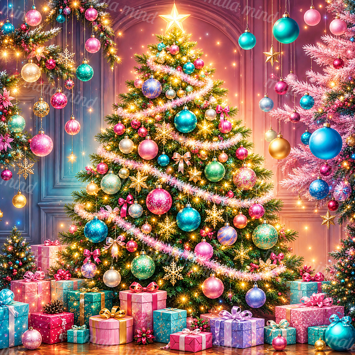 Ornate Christmas tree with a glowing star, colorful ornaments, lights, side trees, and wrapped gifts — 02_master_artwork