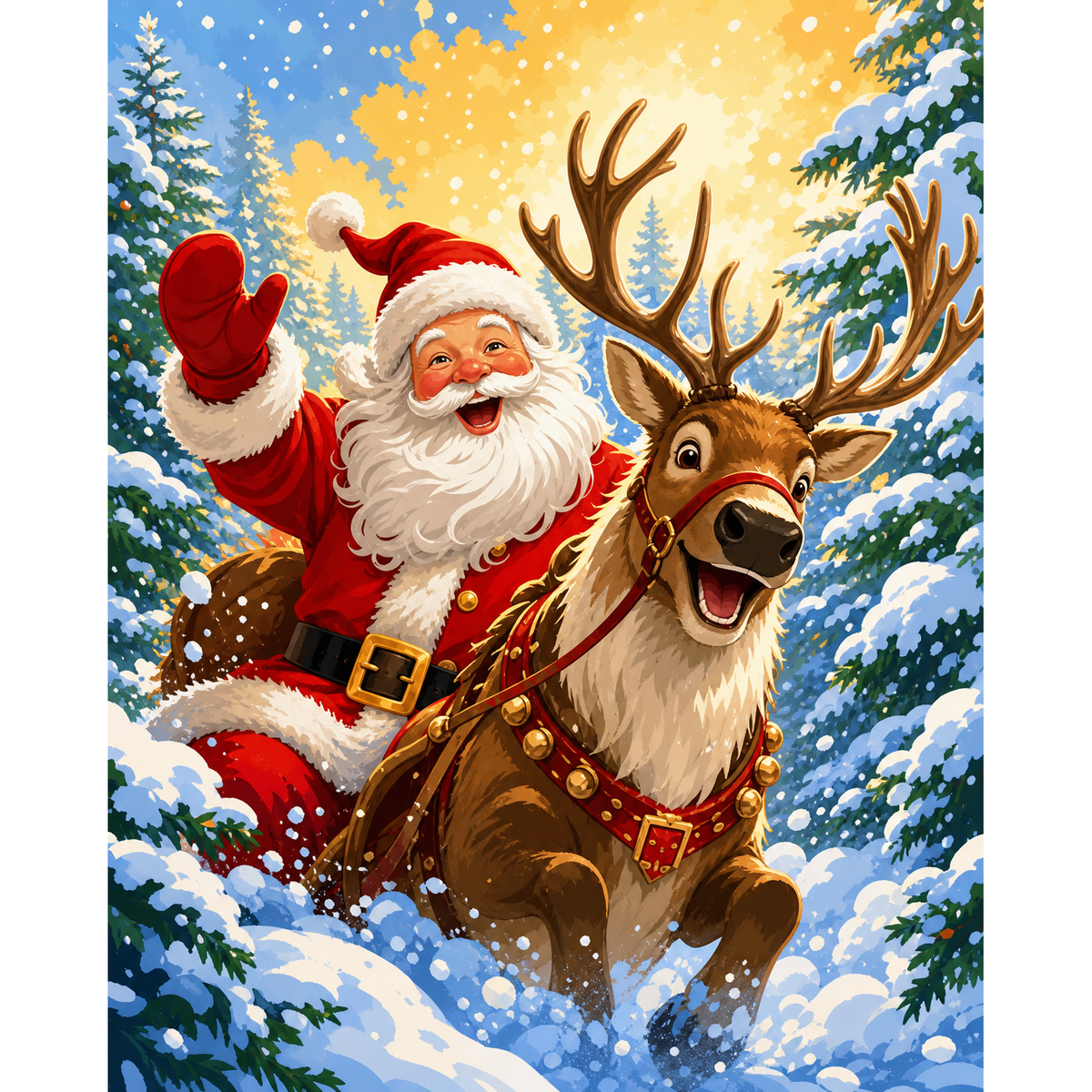 MalaMind Gallery V3 | 02 Master Artwork | CH-260929-002 | Santa rides beside a joyful antlered reindeer through a snowy evergreen forest beneath a glowing sky.
