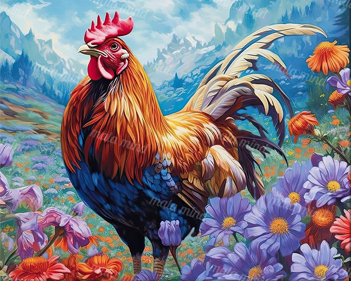Colorful rooster surrounded by wildflowers in an alpine meadow with blue mountains behind — 02_master_artwork