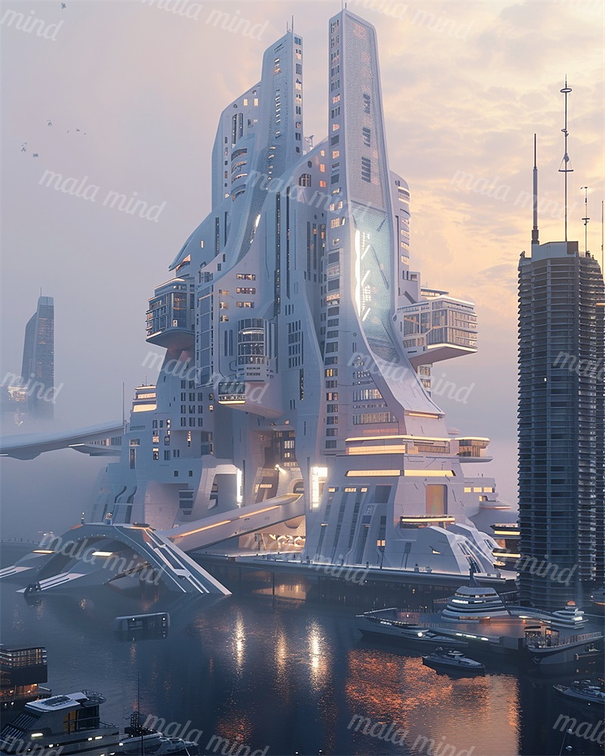 Futuristic waterfront city with a monumental illuminated tower, elevated structures, boats, and glowing reflections — 02_master_artwork