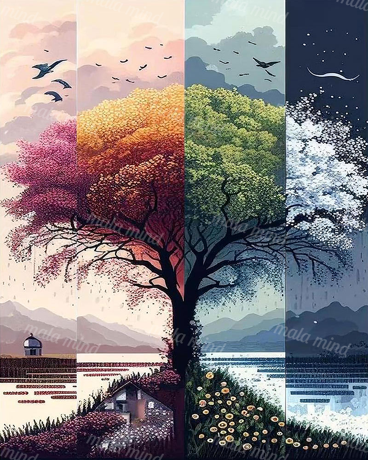 Central tree across four seasonal landscape panels with birds, mountains, water, and a starry night sky — 02_master_artwork