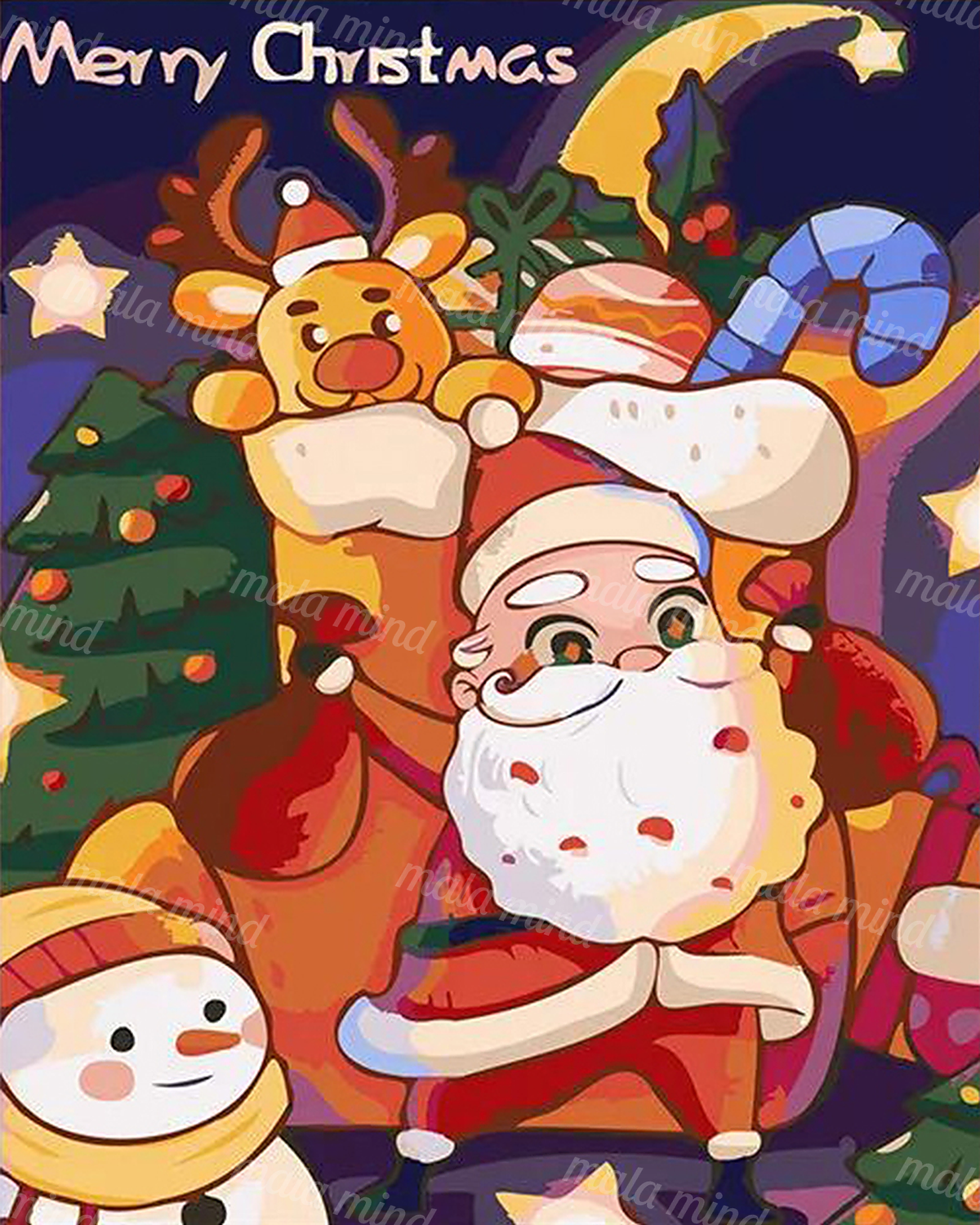 Cartoon Santa with a reindeer, snowman, Christmas tree, stars, and Merry Christmas lettering — 02_master_artwork