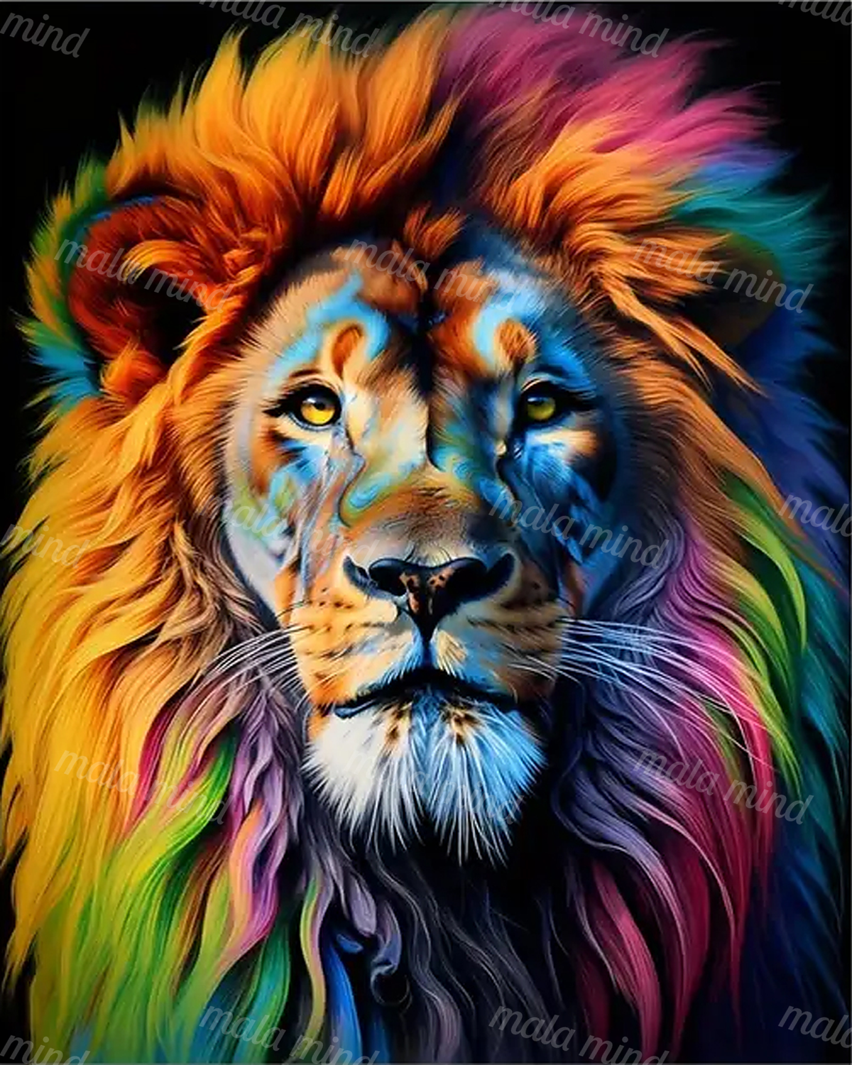 Front-facing lion portrait with golden eyes and a vivid rainbow-colored mane on a dark background — 02_master_artwork