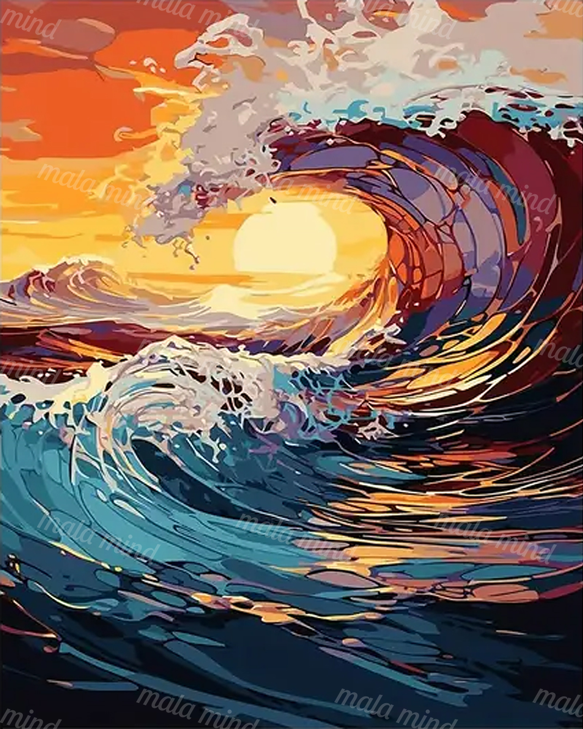 Stylized curling ocean wave with foamy water and a glowing sunset in deep blue and coral tones. — 02_master_artwork