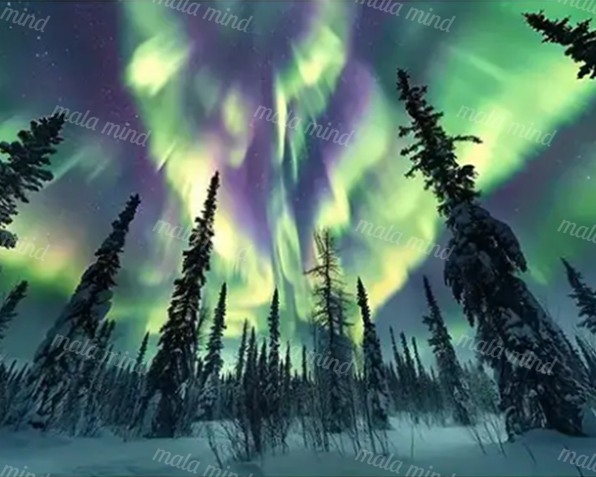 Green and purple aurora above a snowy conifer forest beneath a starry night sky — 02_master_artwork