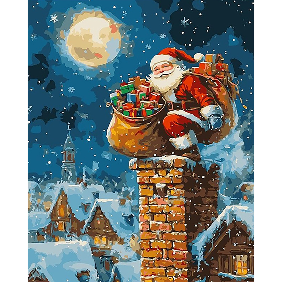 MalaMind Gallery V3 | 02 Master Artwork | CH-260920-002 | Santa with gifts sits on a snowy brick chimney beneath a full moon over a wintry village.