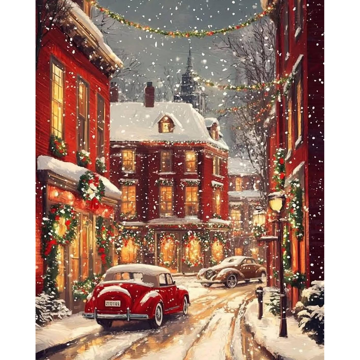 MalaMind Gallery V3 | 02 Master Artwork | LS-260921-082 | Snowy Christmas village street with red buildings, glowing windows, garlands, and two vintage cars.