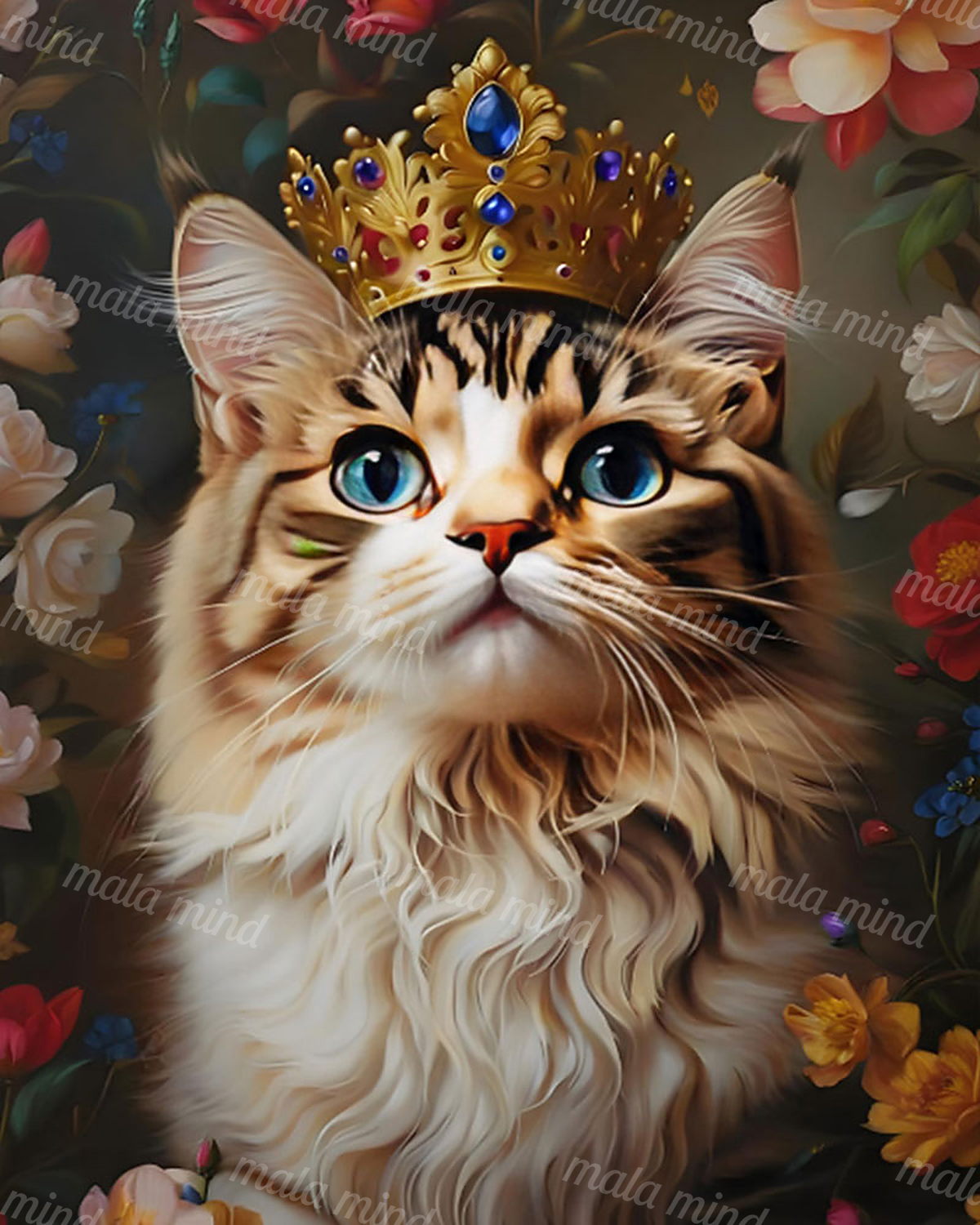 Long-haired tan-and-white cat with blue eyes wearing a jeweled gold crown among colorful flowers — 02_master_artwork