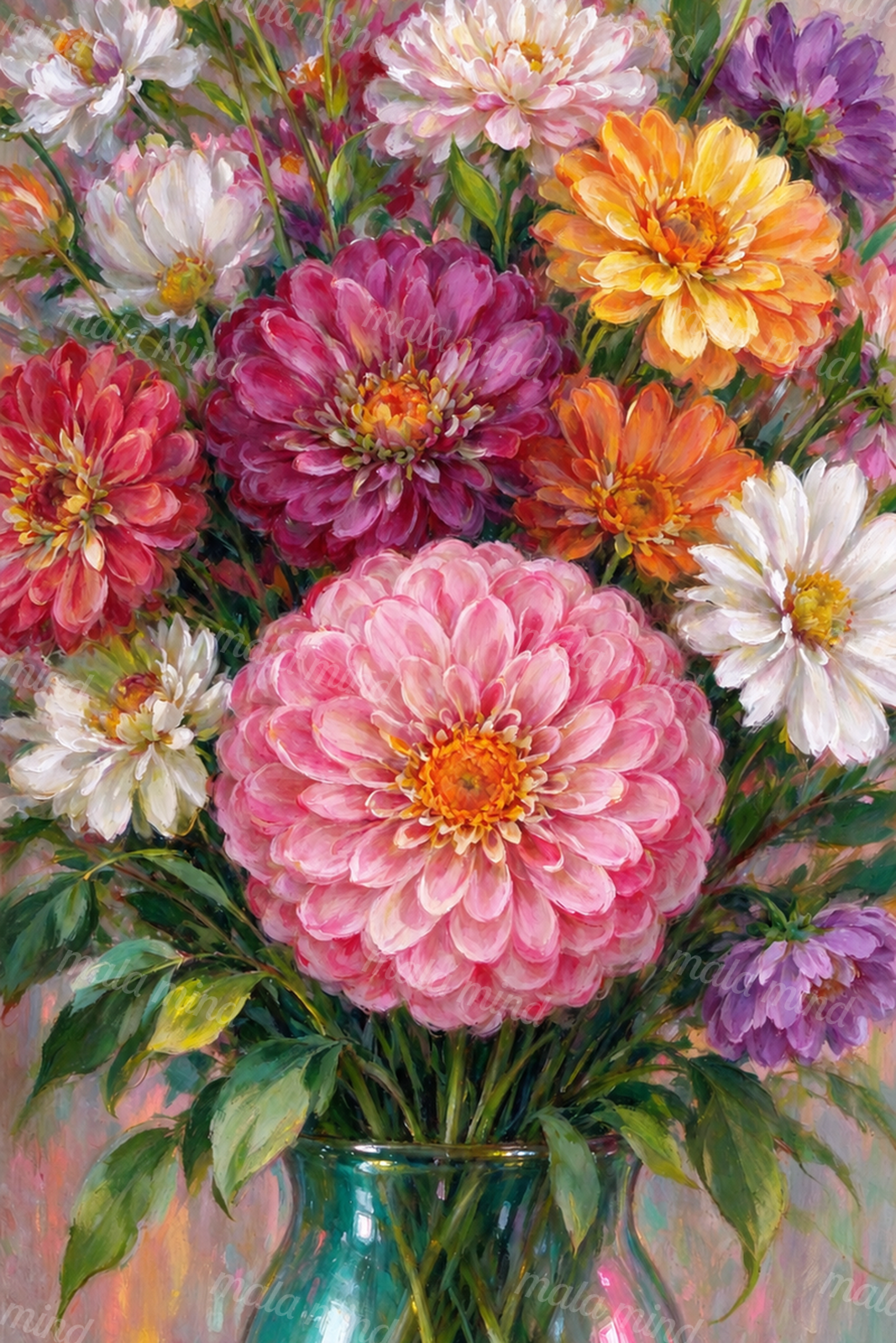 Colorful painterly flower bouquet with pink, orange, purple, and white blooms in a teal glass vase — 02_master_artwork