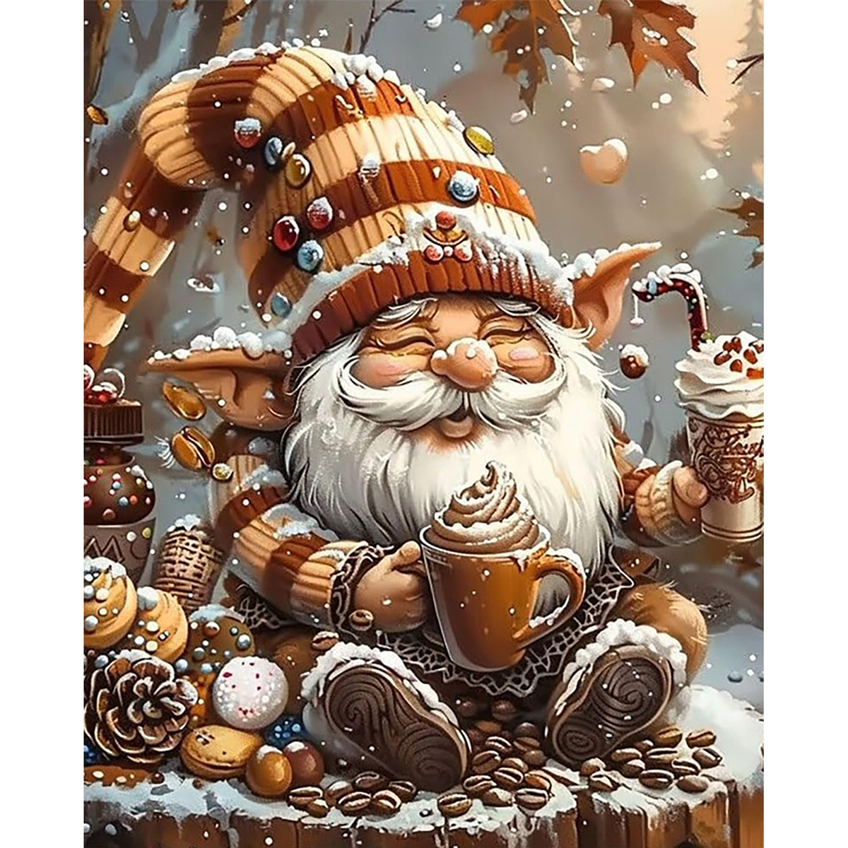 White-bearded gnome in a snowy woodland holding whipped-cream coffee among pastries and sweets