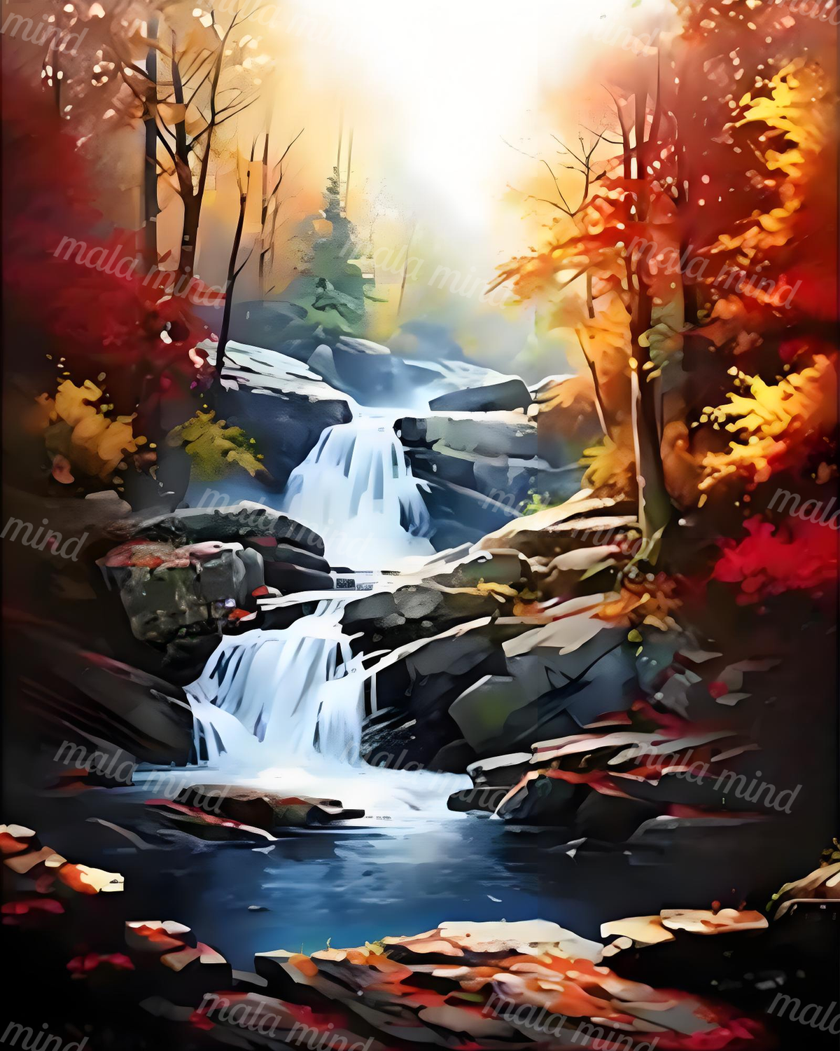 Stylized autumn forest with a tiered waterfall flowing over dark rocks into a blue pool. — 02_master_artwork