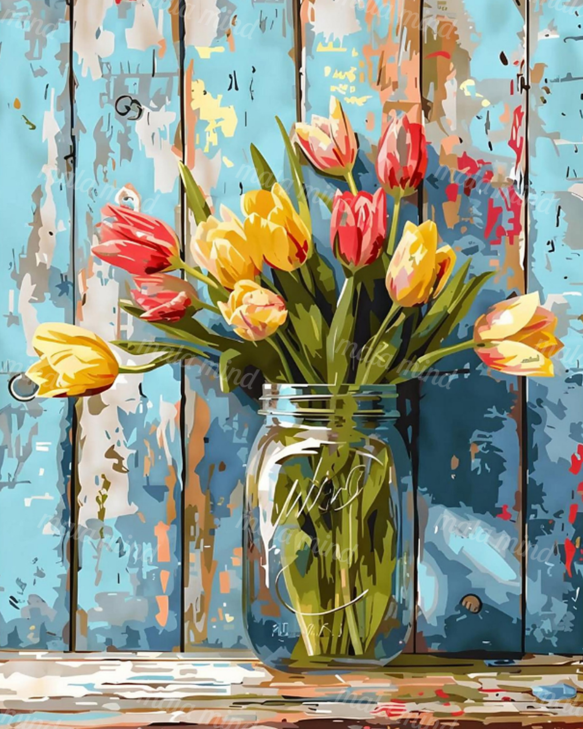 Colorful tulip bouquet in a reflective glass vase against an abstract blue wooden backdrop. — 02_master_artwork