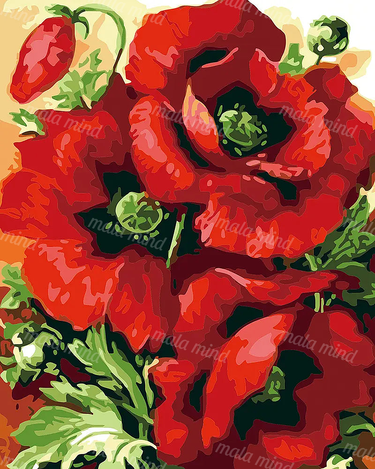 Stylized close-up of overlapping red poppy flowers with dark centers and green foliage. — 02_master_artwork