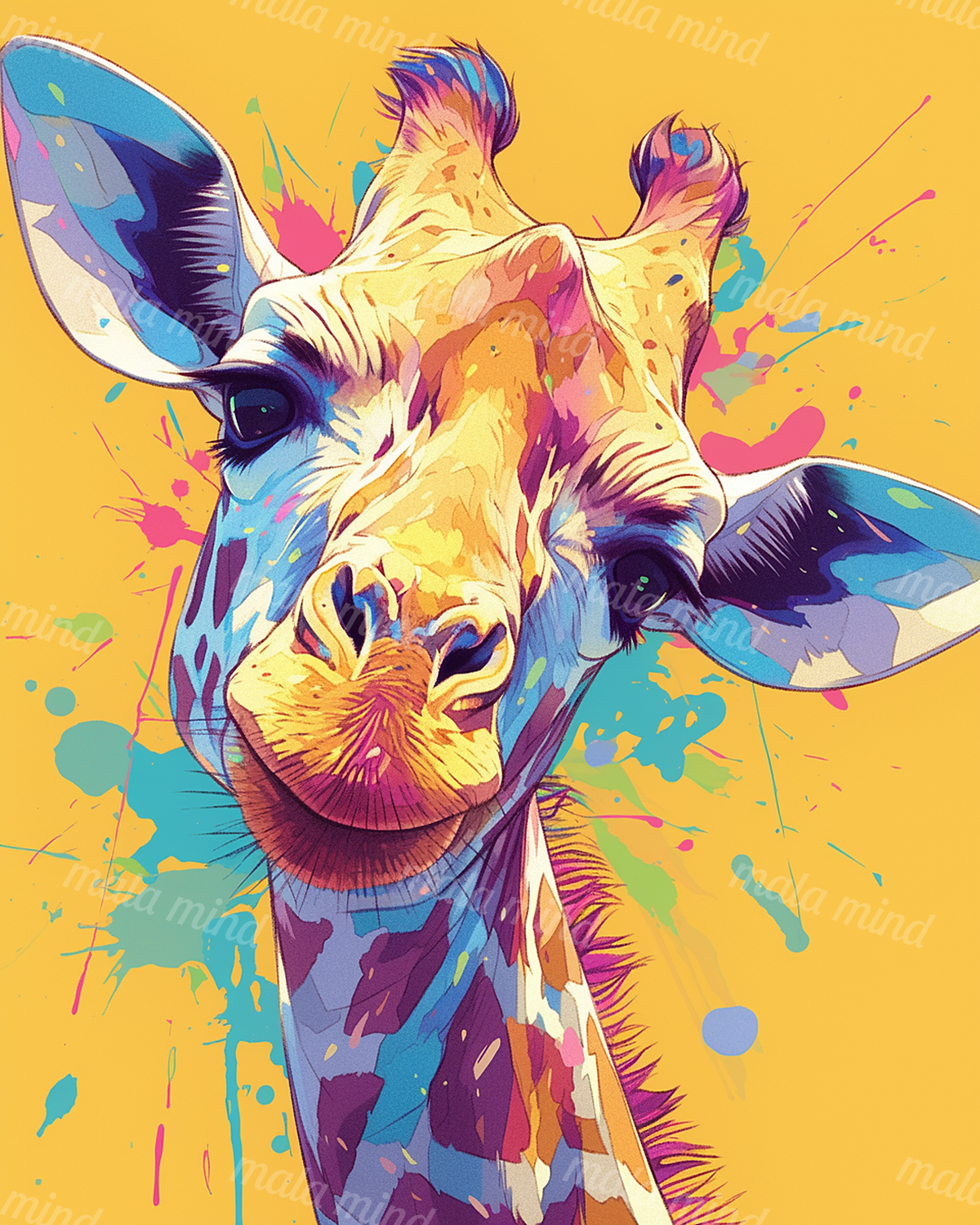 Colorful close-up giraffe portrait with multicolored markings and paint splashes on a yellow background — 02_master_artwork