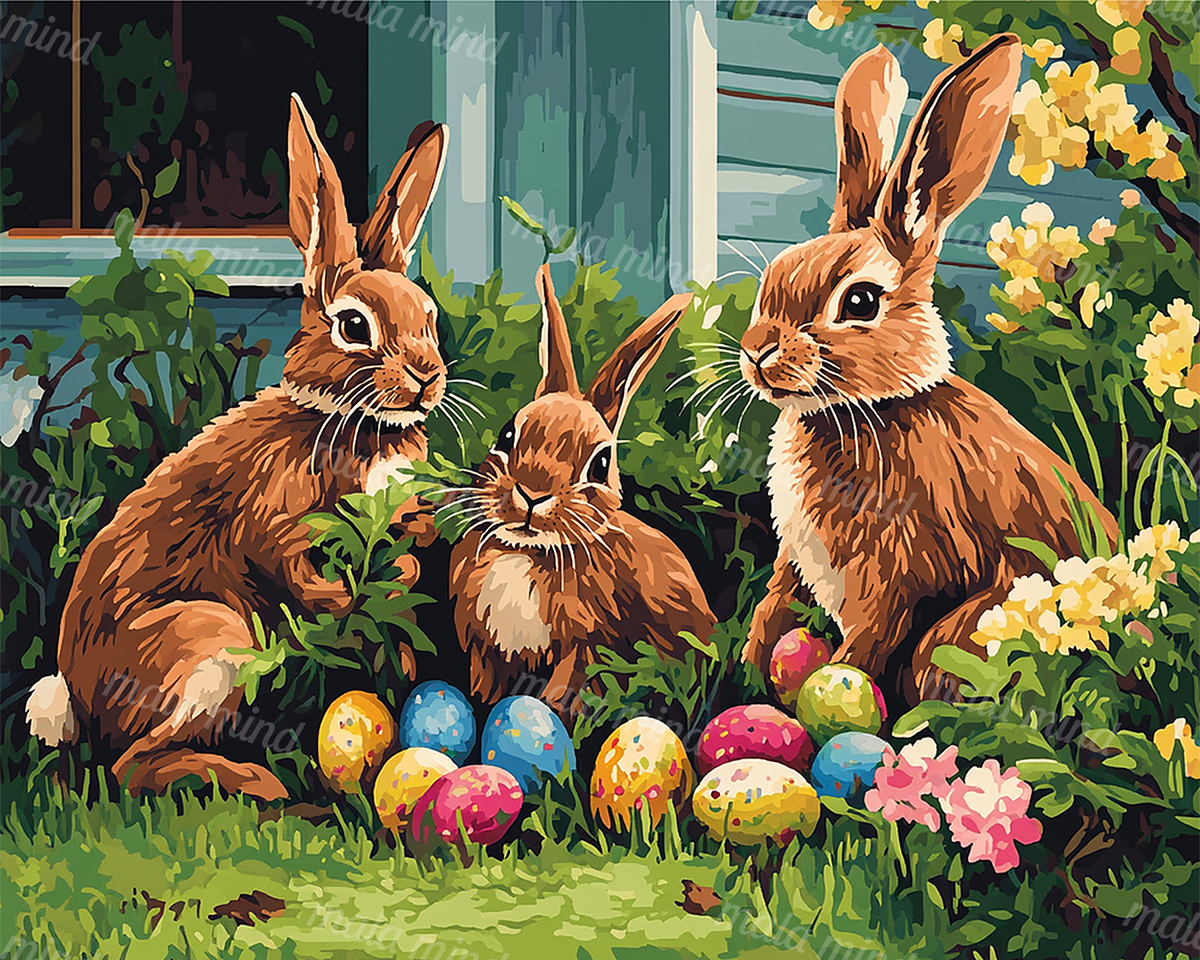 Three brown rabbits surrounded by colorful Easter eggs, flowers, and greenery in a garden — 02_master_artwork