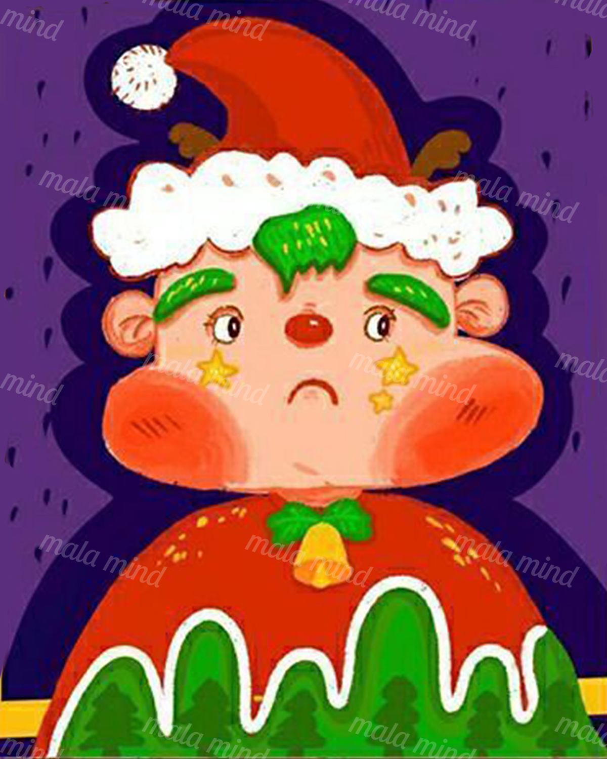 Sad childlike Christmas character in a red hat with star cheek markings and a bell against a purple background — 02_master_artwork