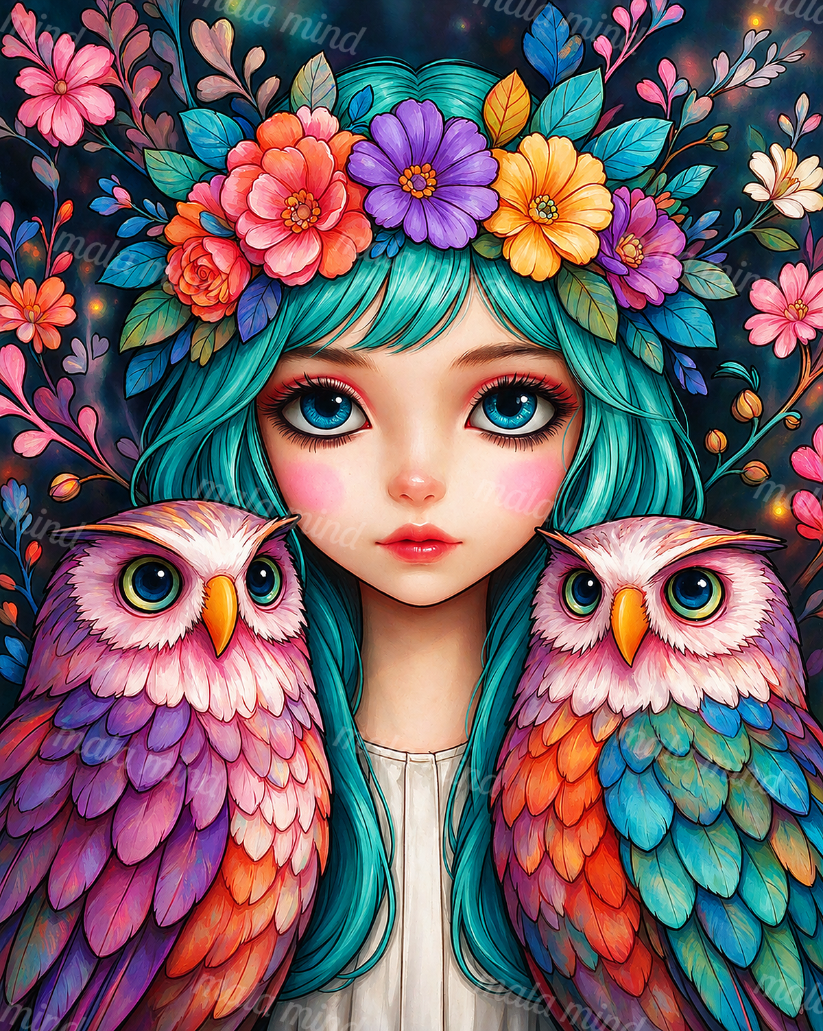 Turquoise-haired woman with a flower crown between two colorful owls — 02_master_artwork