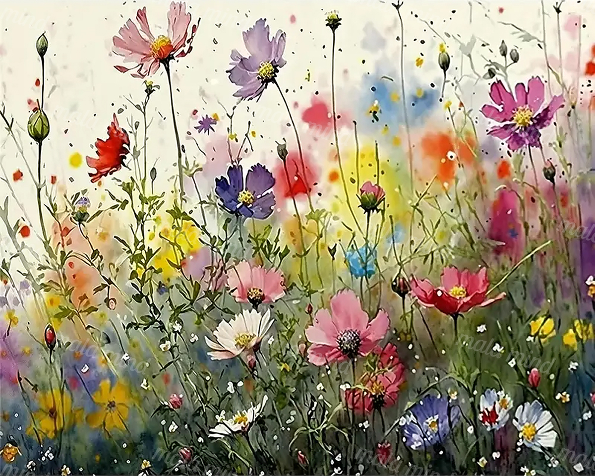 Watercolor-style meadow filled with colorful wildflowers, tall stems, grasses, and scattered paint splashes. — 02_master_artwork