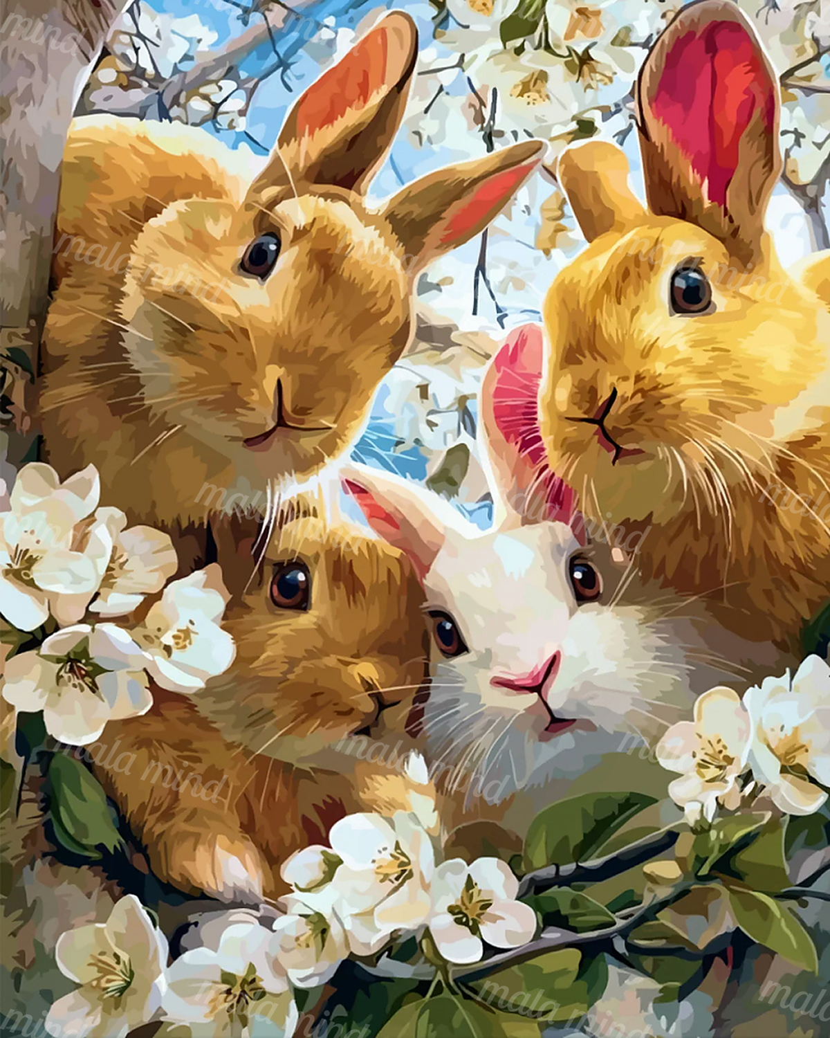 Four rabbits nestled among white blossoms and green branches beneath a pale blue sky — 02_master_artwork