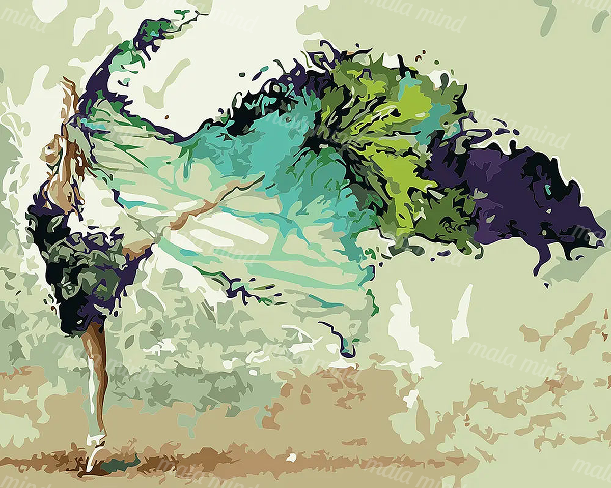 Abstract spreading tree with a slender brown trunk and turquoise, green, and purple foliage. — 02_master_artwork