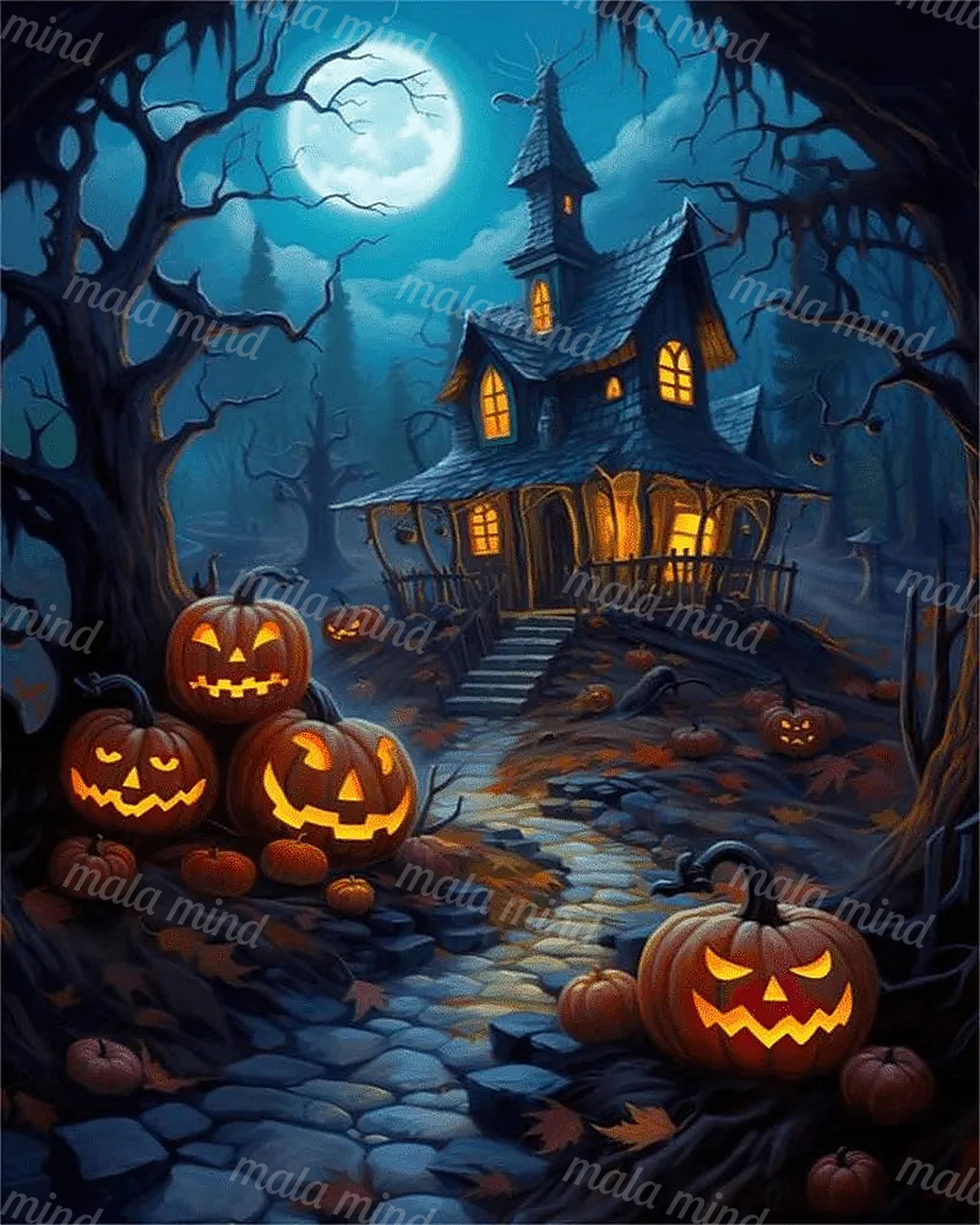 Crooked haunted house with glowing pumpkins beneath a full moon in a dark twisted forest — 02_master_artwork