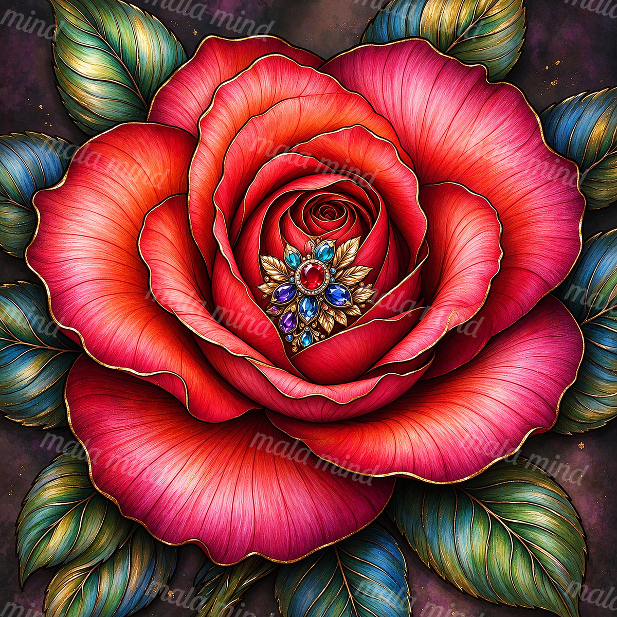 Large jeweled red and pink rose surrounded by blue-green leaves on a dark background — 02_master_artwork