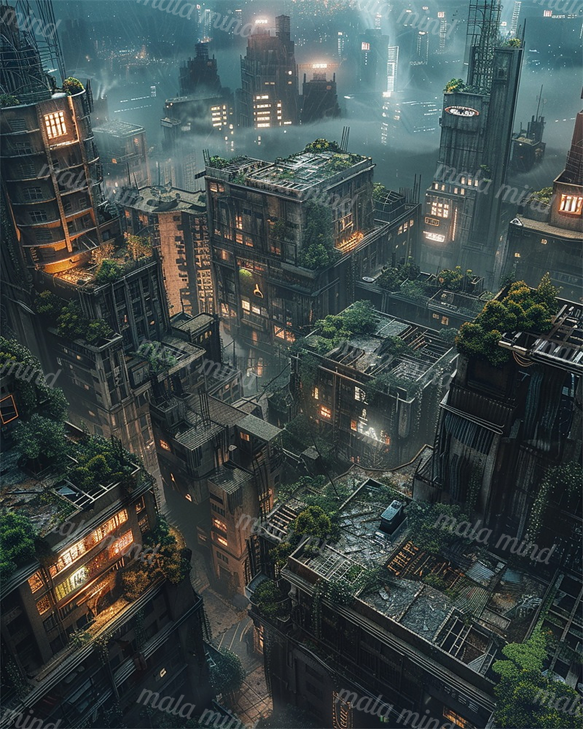 Rainy futuristic city viewed from above, with glowing windows and greenery covering layered rooftops. — 02_master_artwork