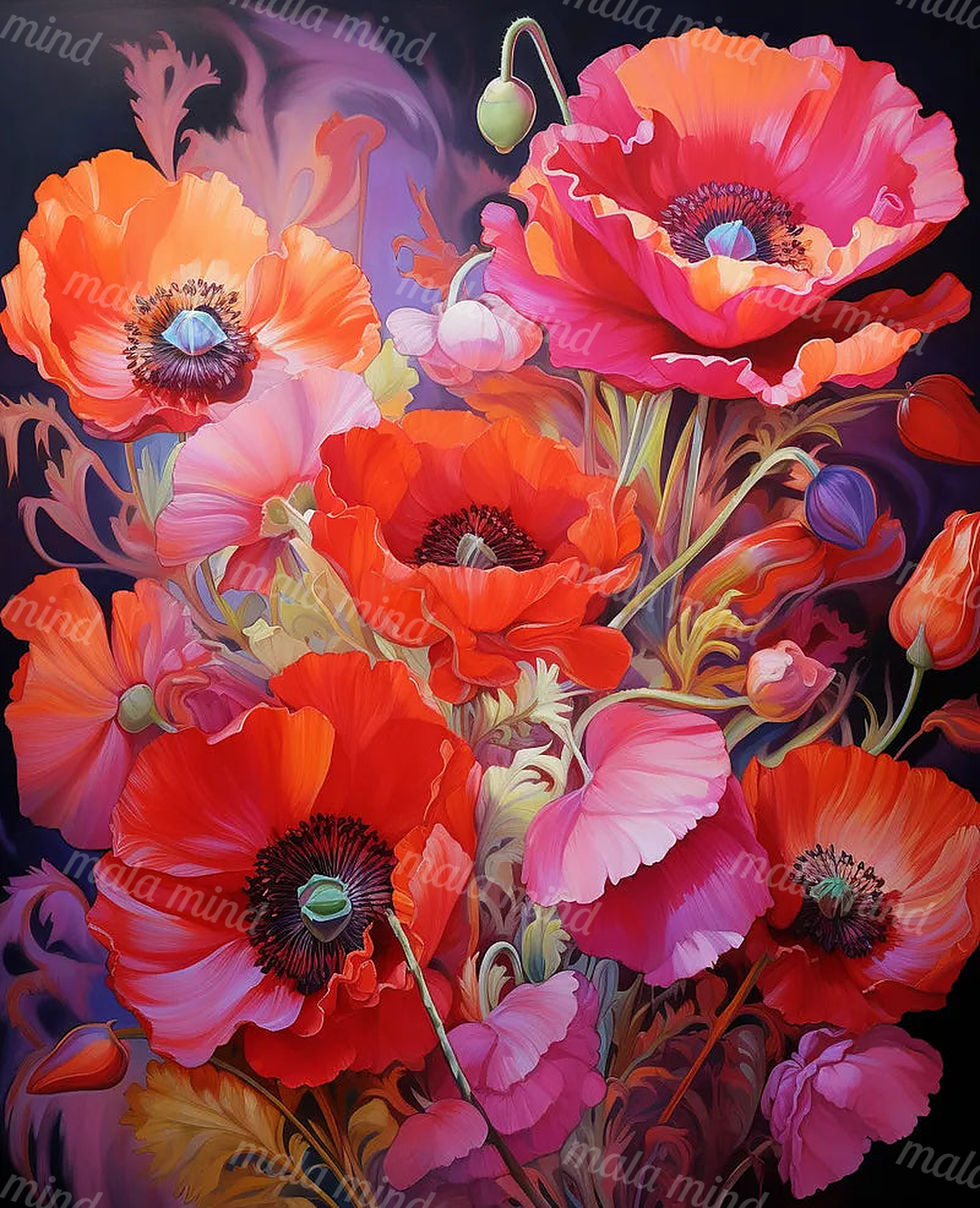 Colorful red, orange, pink, and purple poppy bouquet with foliage on a dark background — 02_master_artwork