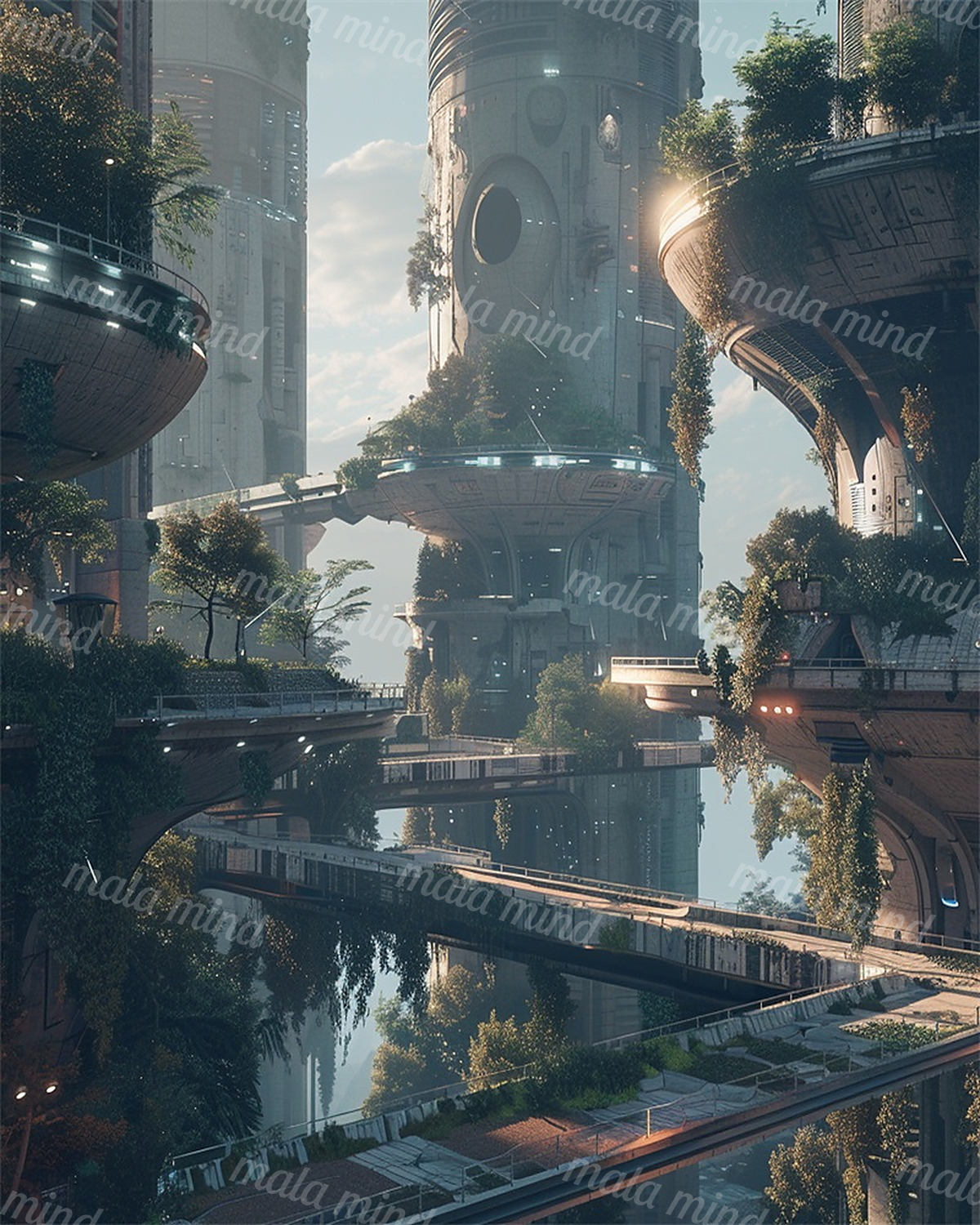 Futuristic cityscape with cylindrical towers, elevated bridges, greenery, and warm sunlight — 02_master_artwork
