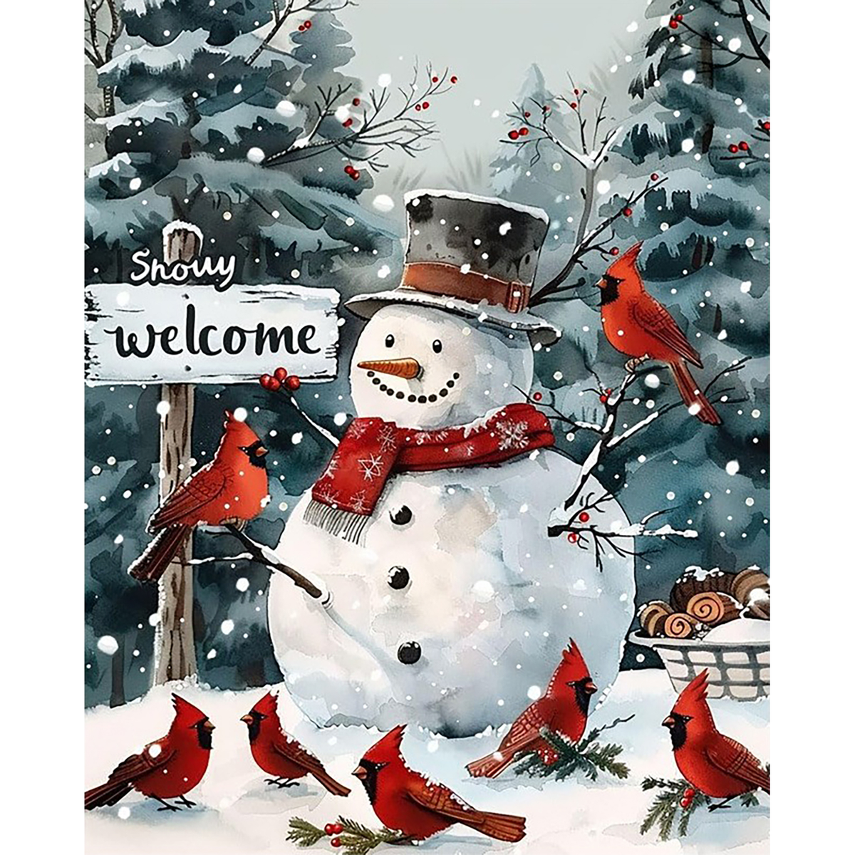 MalaMind Gallery V3 | 02 Master Artwork | CH-260922-001 | Snowman in a red scarf surrounded by red cardinals in a snowy evergreen woodland