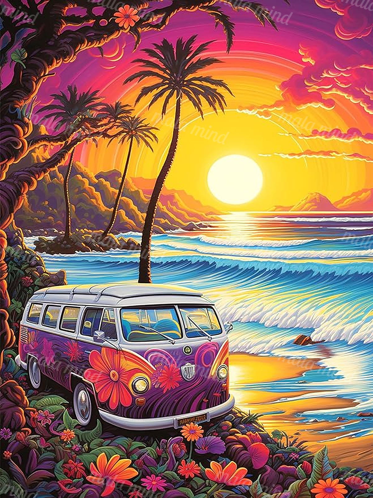 Flower-covered vintage van overlooking tropical waves and a glowing sunset — 02_master_artwork