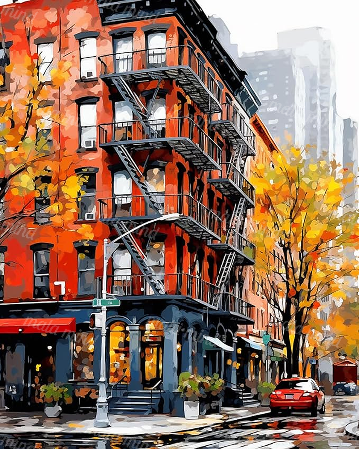 Painterly autumn city street with a red brick building, fire escapes, golden trees, storefronts, and a red car. — 02_master_artwork