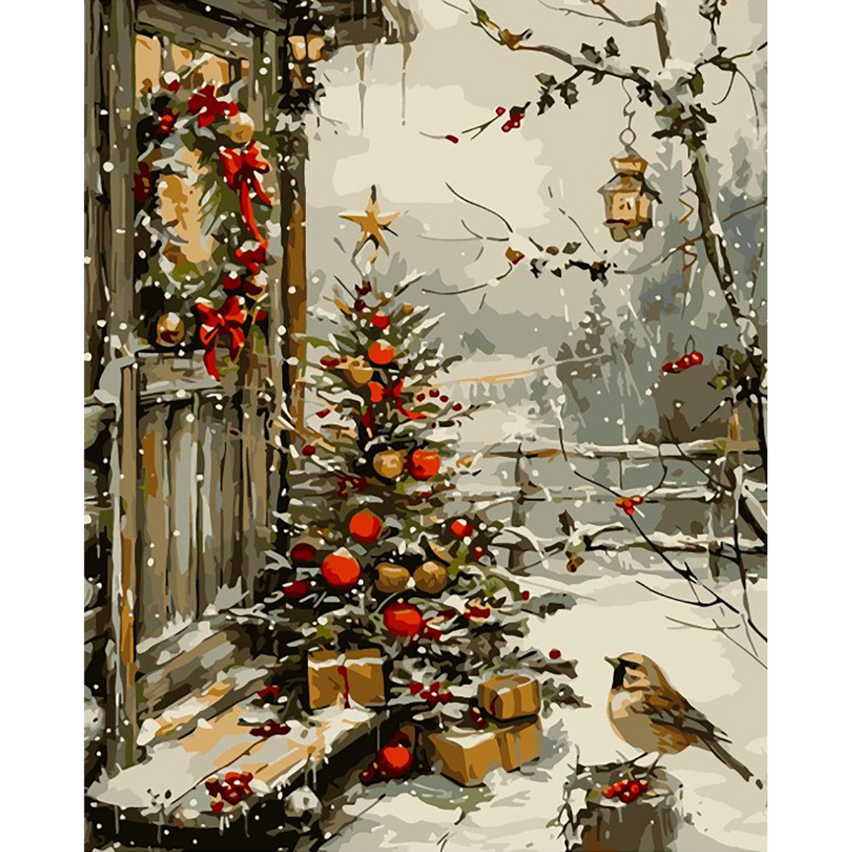 MalaMind Gallery V3 | 02 Master Artwork | CH-260921-006 | Snow-covered decorated Christmas tree with gifts, lantern, bird, and rustic woodland surroundings