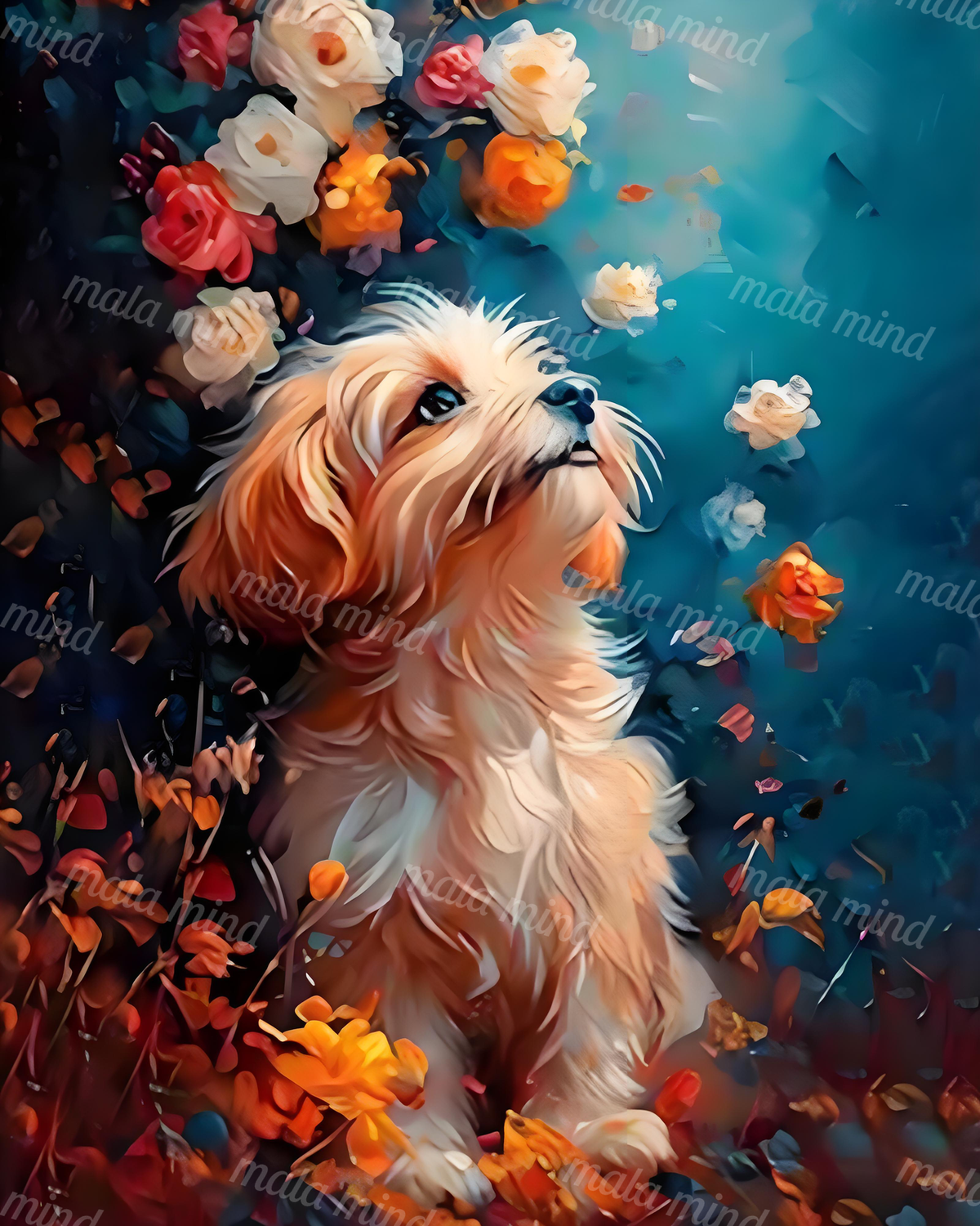 Long-haired cream-and-peach dog surrounded by colorful flowers on a deep teal background — 02_master_artwork