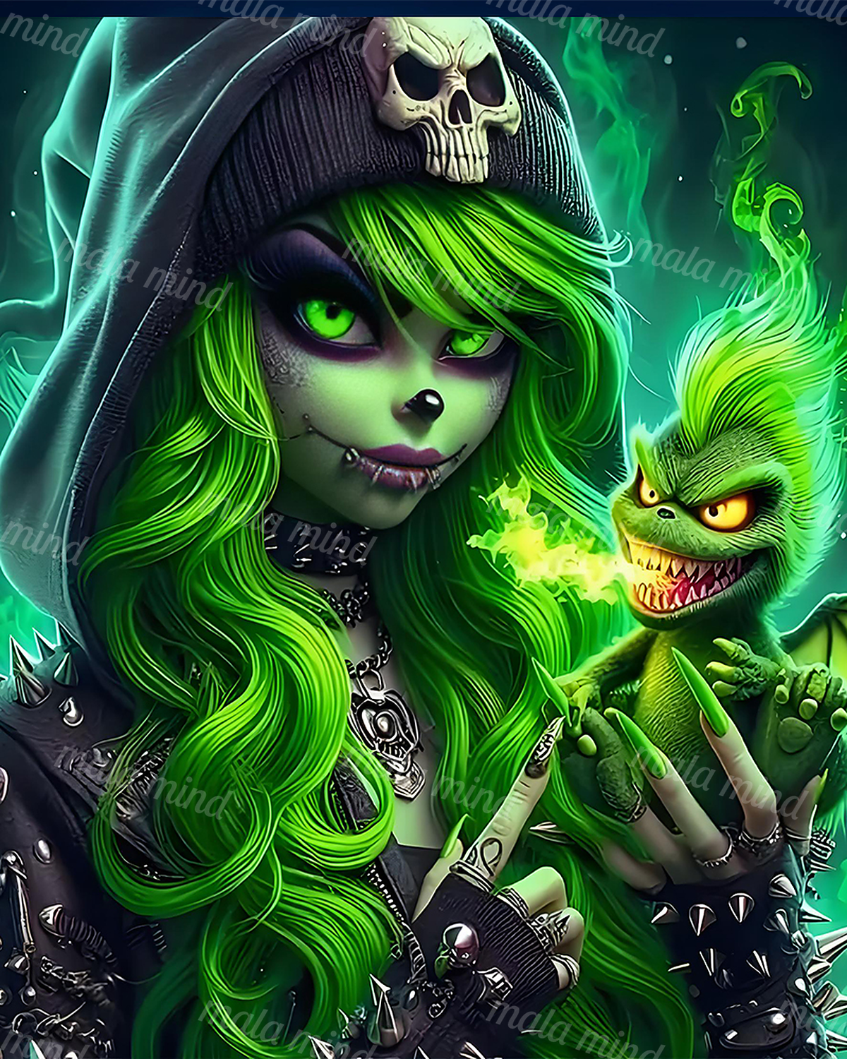 Hooded green-haired woman with glowing eyes and a grinning goblin-like creature in green smoke — 02_master_artwork
