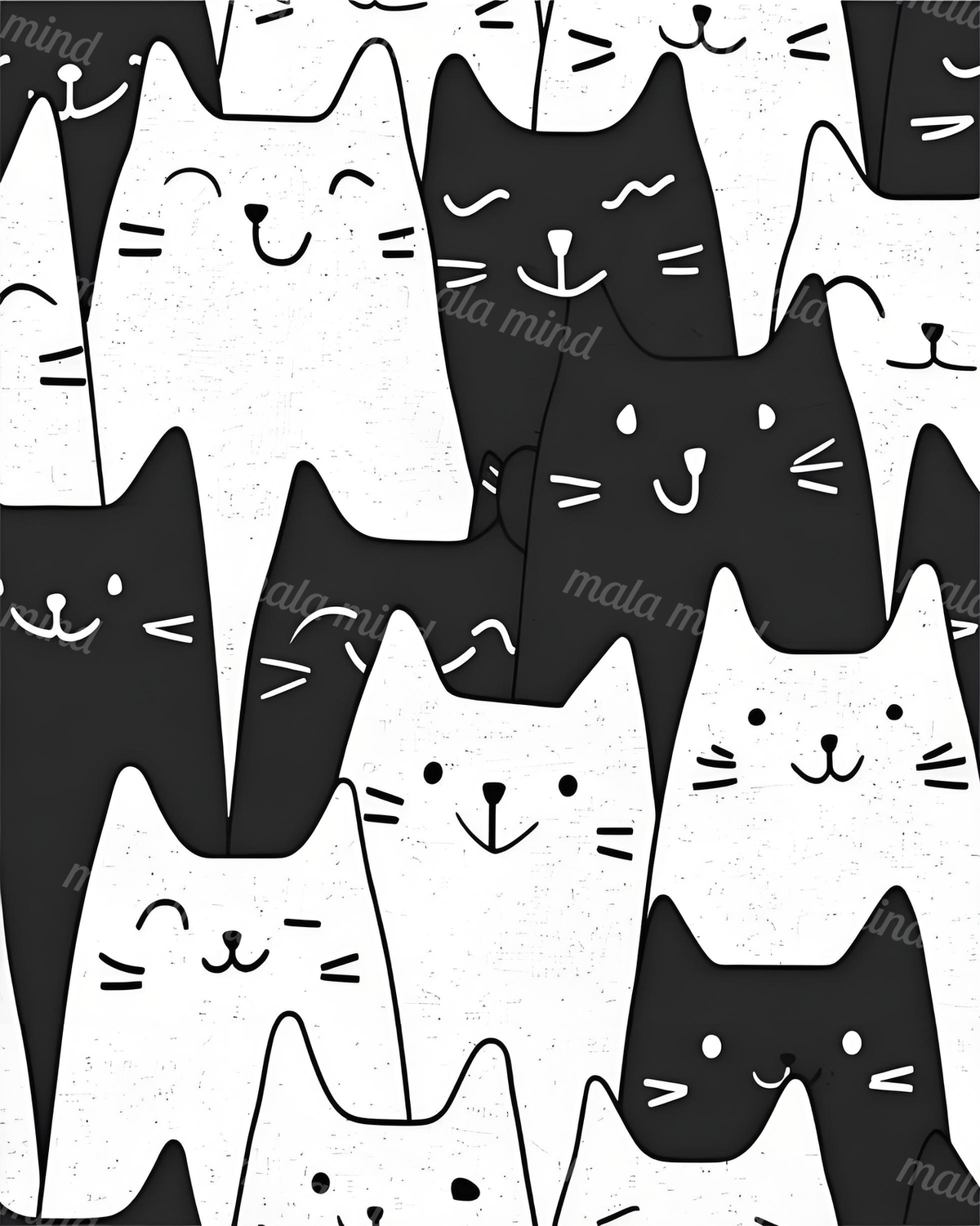 Overlapping black and white cartoon cats form a playful repeating pattern. — 02_master_artwork