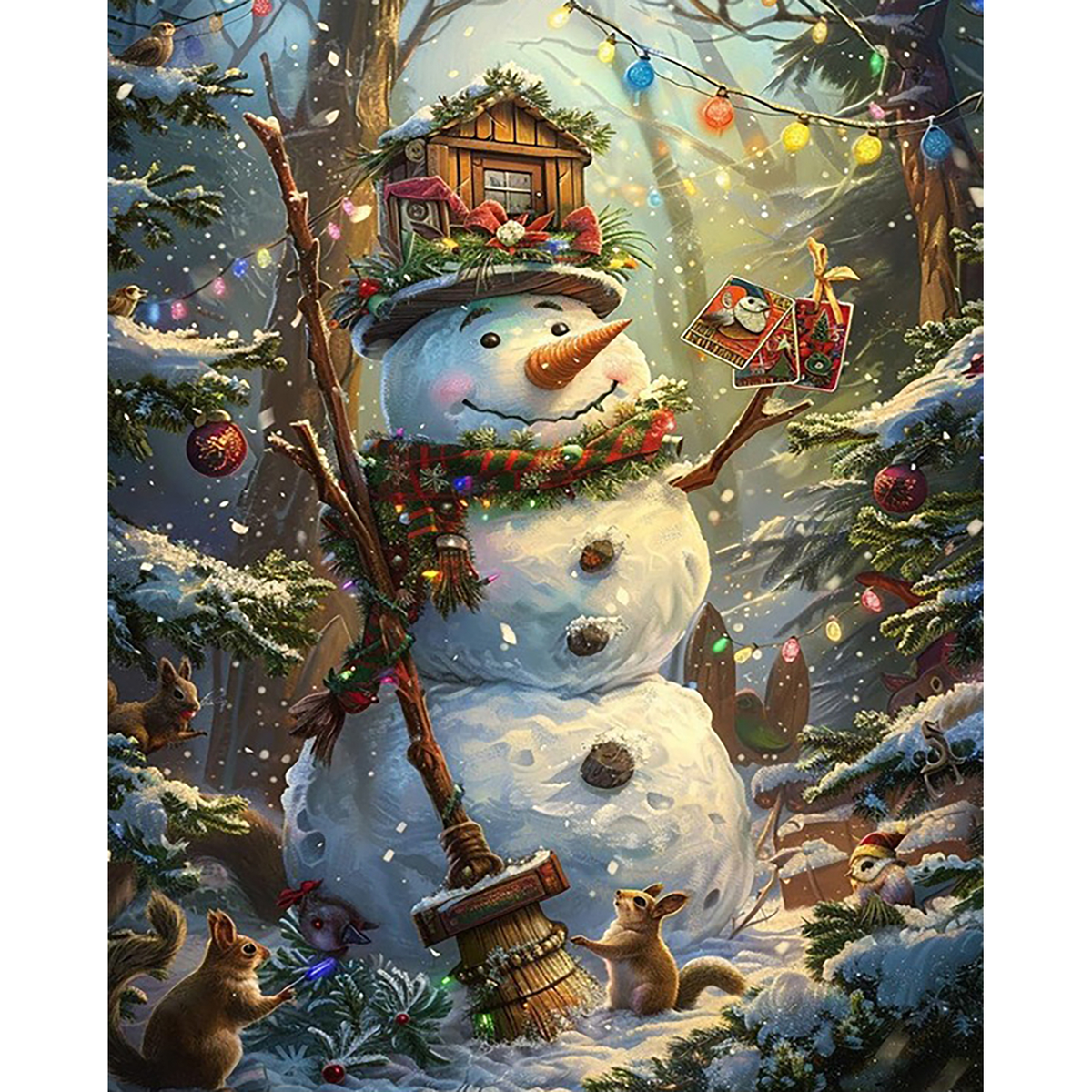 MalaMind Gallery V3 | 02 Master Artwork | CH-260922-002 | Decorated snowman with a cabin hat, woodland animals, lights, and ornaments in a snowy evergreen forest