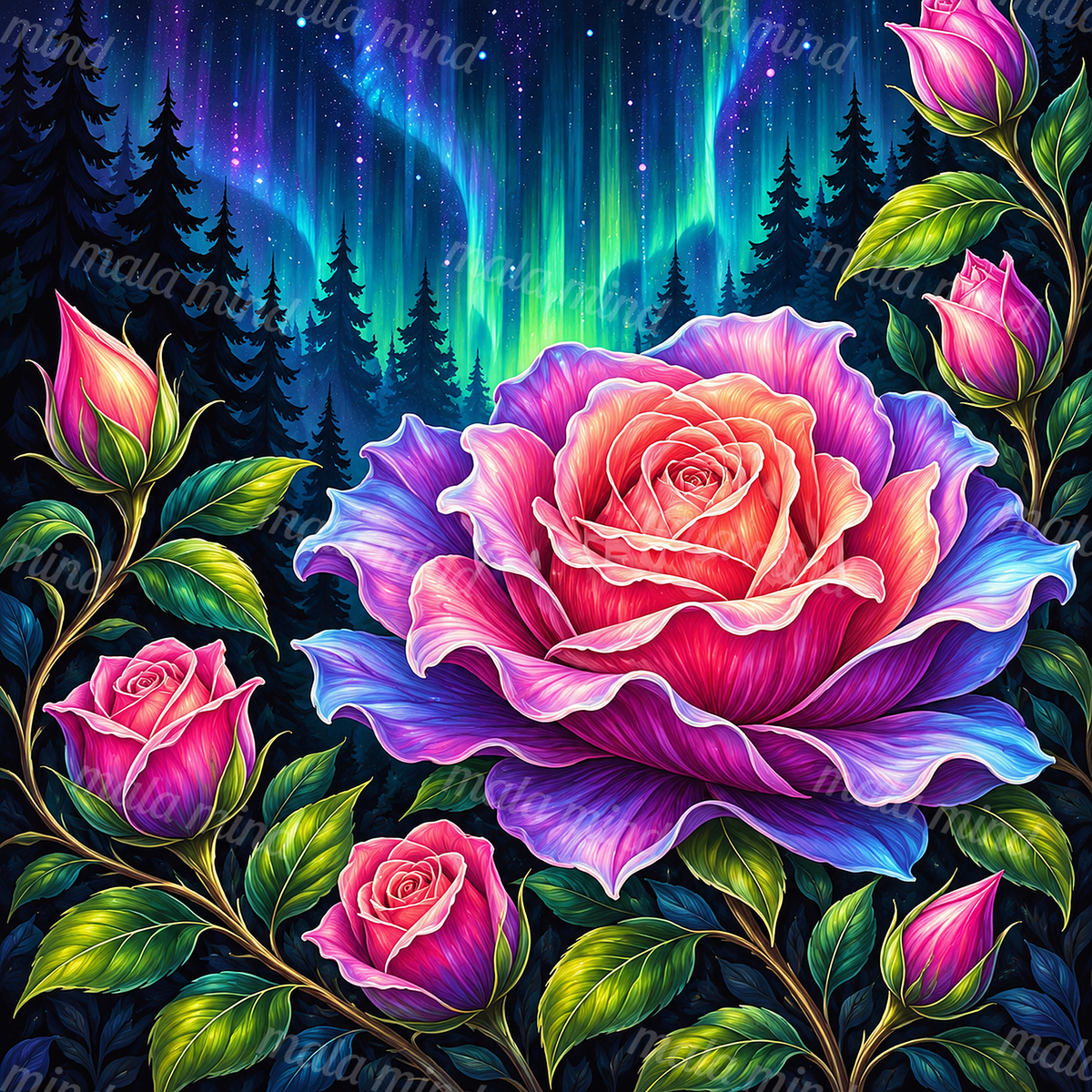 Multicolored roses frame an evergreen forest beneath glowing turquoise and green aurora bands. — 02_master_artwork