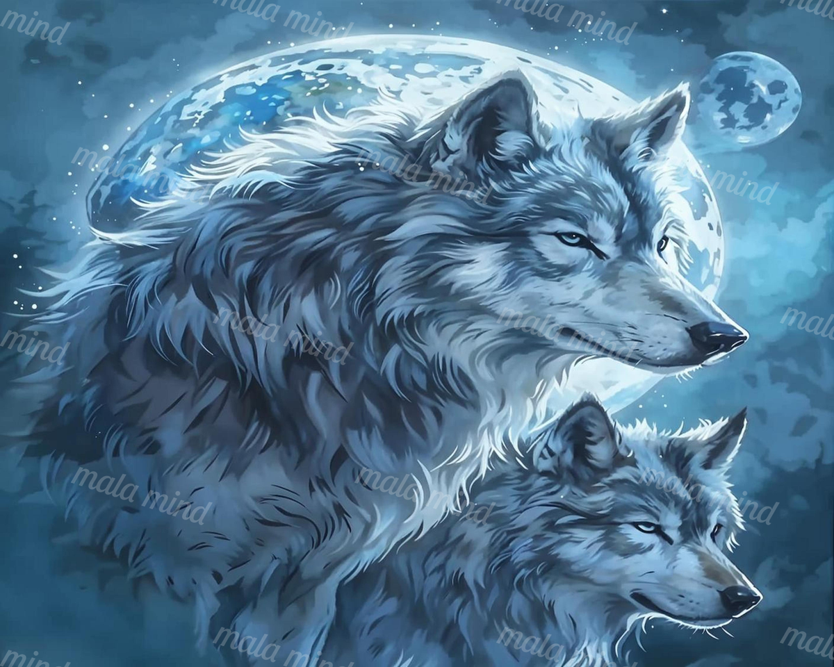 Two blue-gray wolves beneath a large moon and stars in a deep blue night sky. — 02_master_artwork