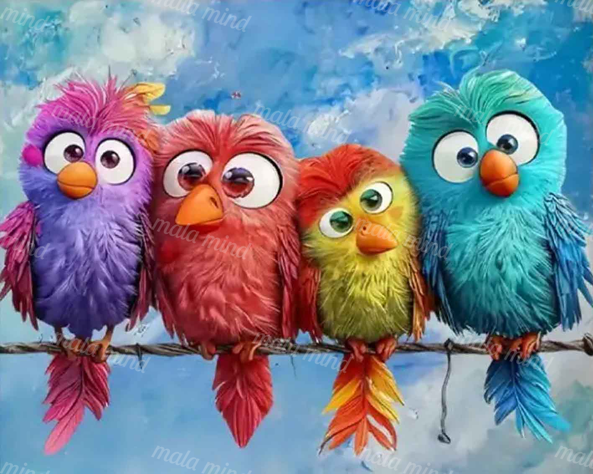 Four colorful cartoon birds with expressive eyes perched on a wire against a blue painted background — 02_master_artwork