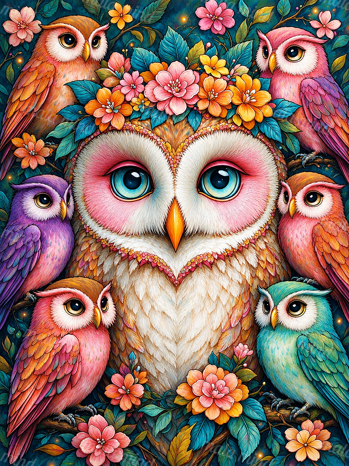 Colorful owl family surrounded by bright flowers and blue-green foliage — 02_master_artwork