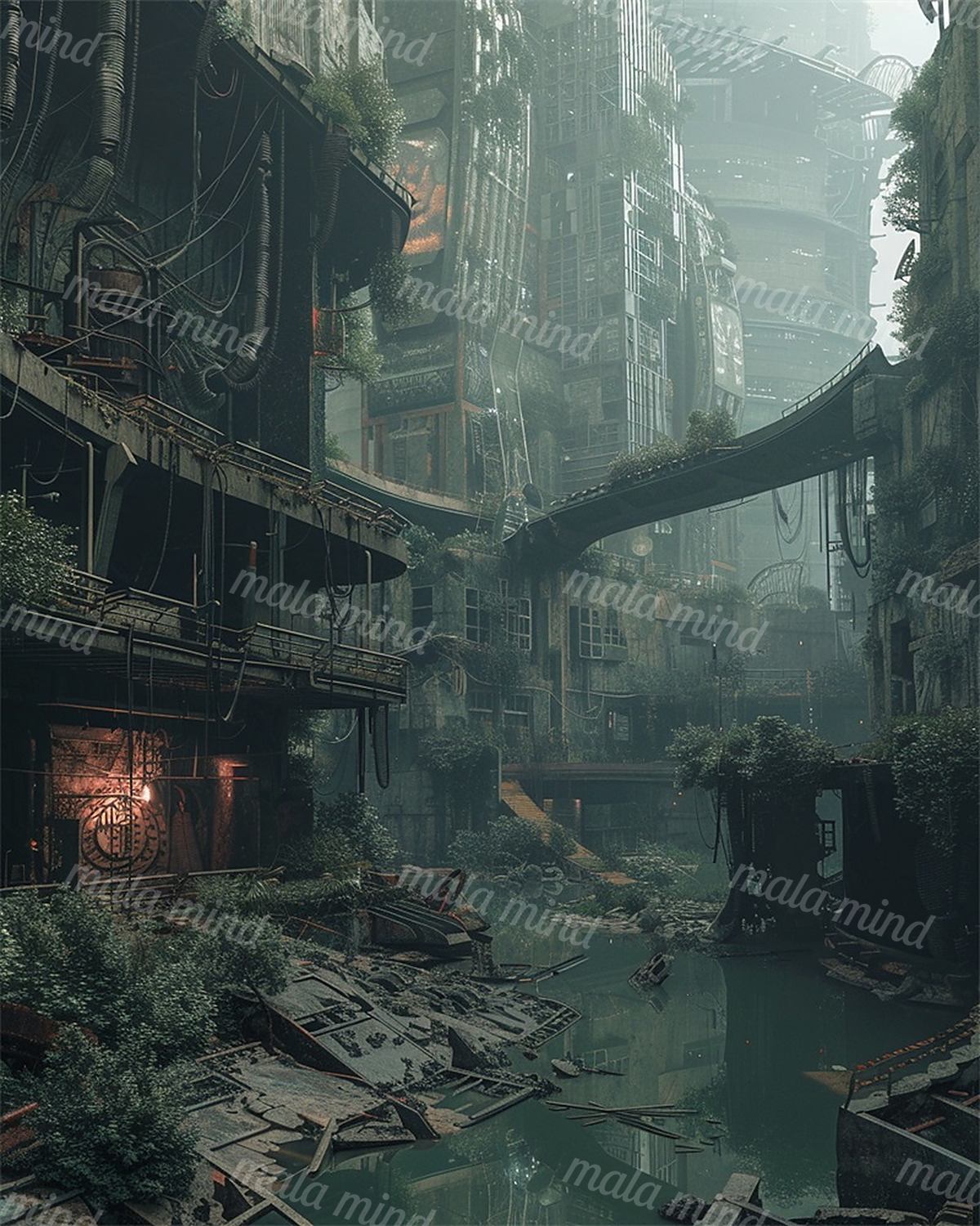 Overgrown futuristic industrial city with a flooded canal, elevated walkway, pipes, vines, and reflected debris. — 02_master_artwork