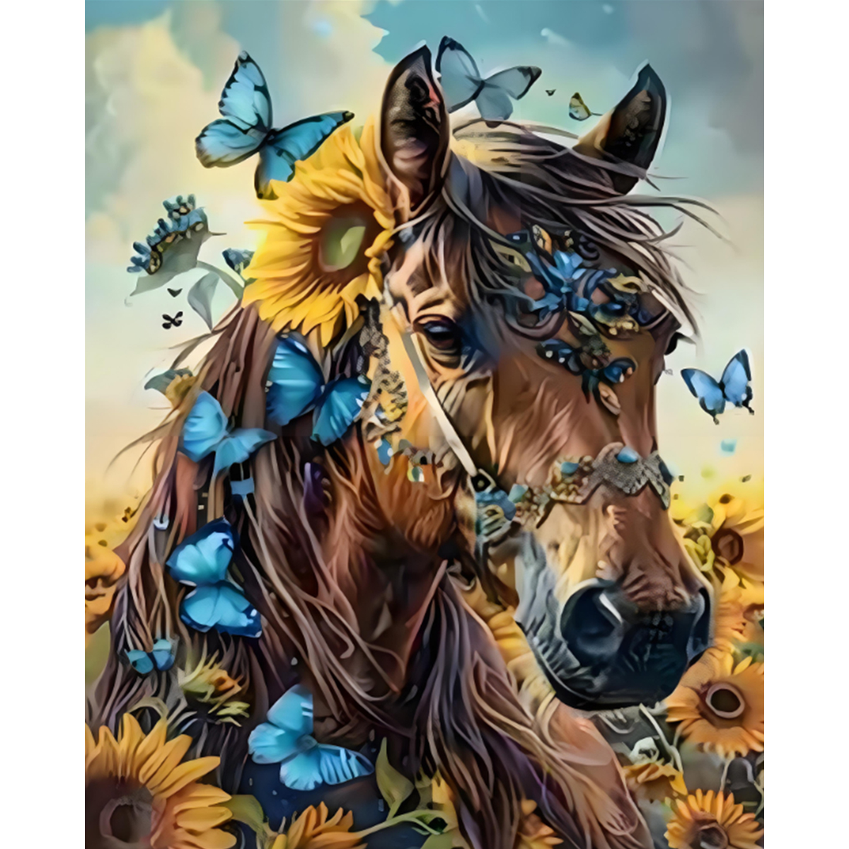 Brown horse portrait with flowing mane, sunflowers, and blue butterflies against a pale blue sky — 02_master_artwork