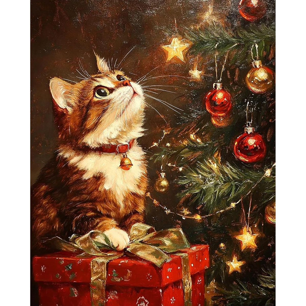 Ginger-and-white cat with a bell collar looks up beside a decorated Christmas tree and red presents.