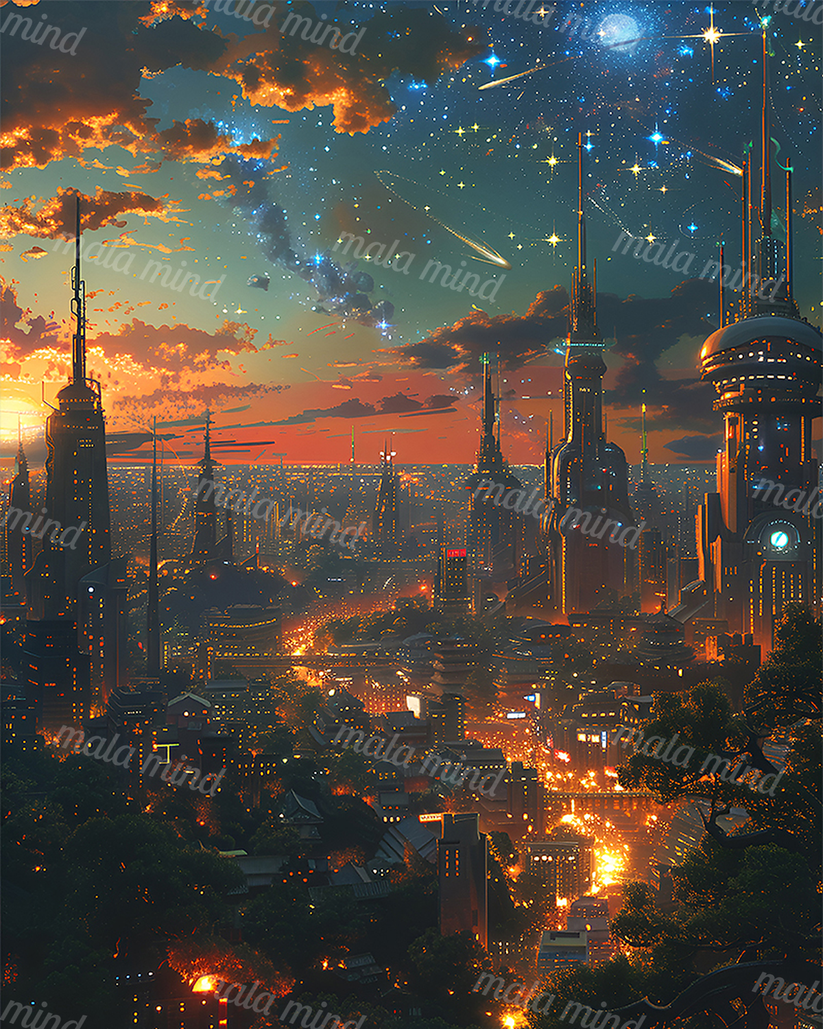 Futuristic illuminated city beneath an orange sunset, stars, clouds, and a deep blue celestial sky — 02_master_artwork