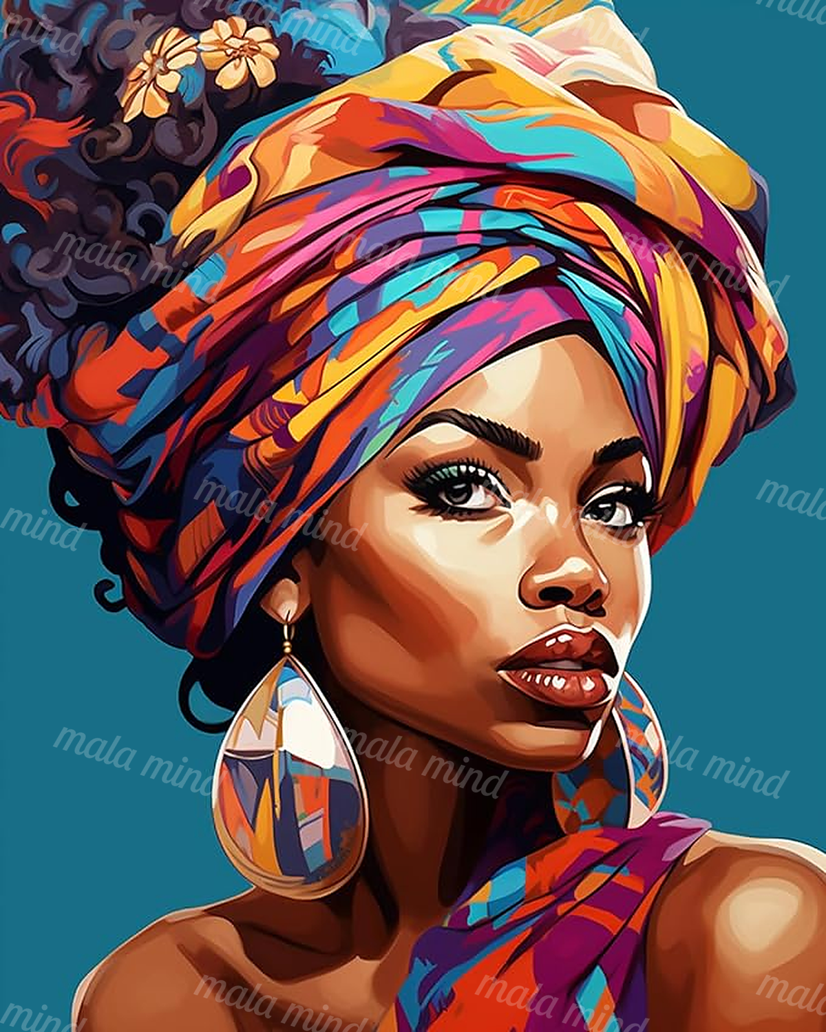Colorful close-up portrait of a woman wearing a patterned headwrap and large geometric earrings — 02_master_artwork