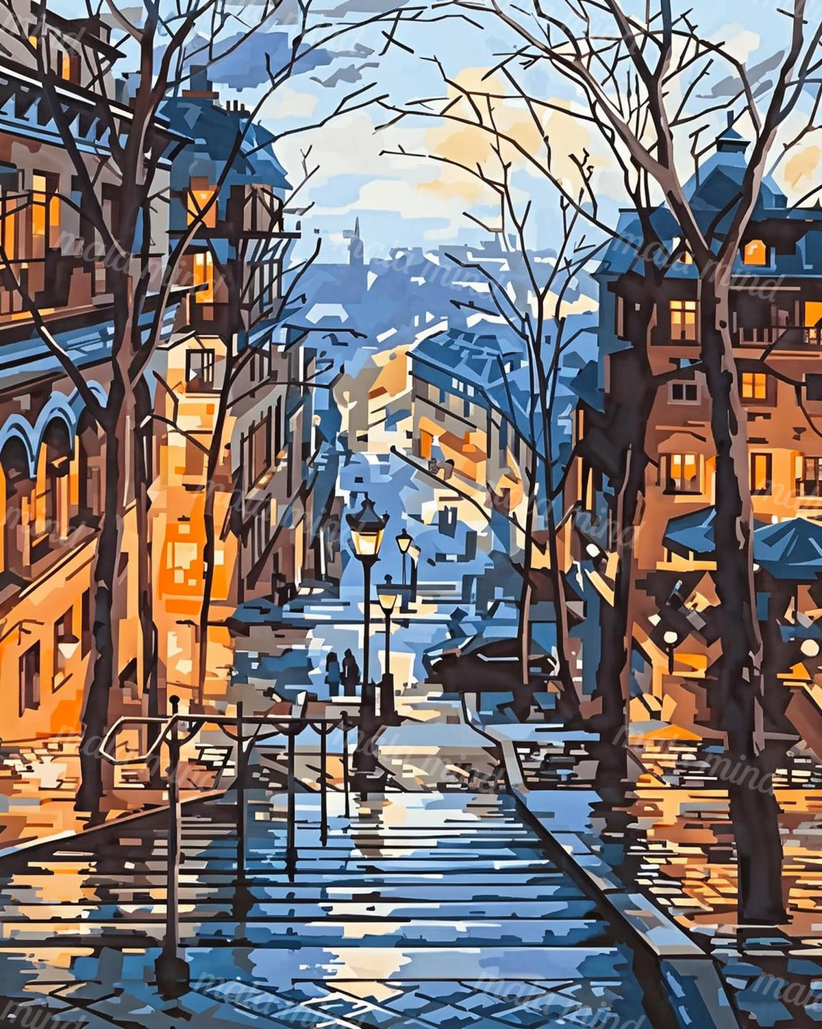 Stylized winter city street descending between blue-roofed houses, bare trees, street lamps, and glowing windows — 02_master_artwork