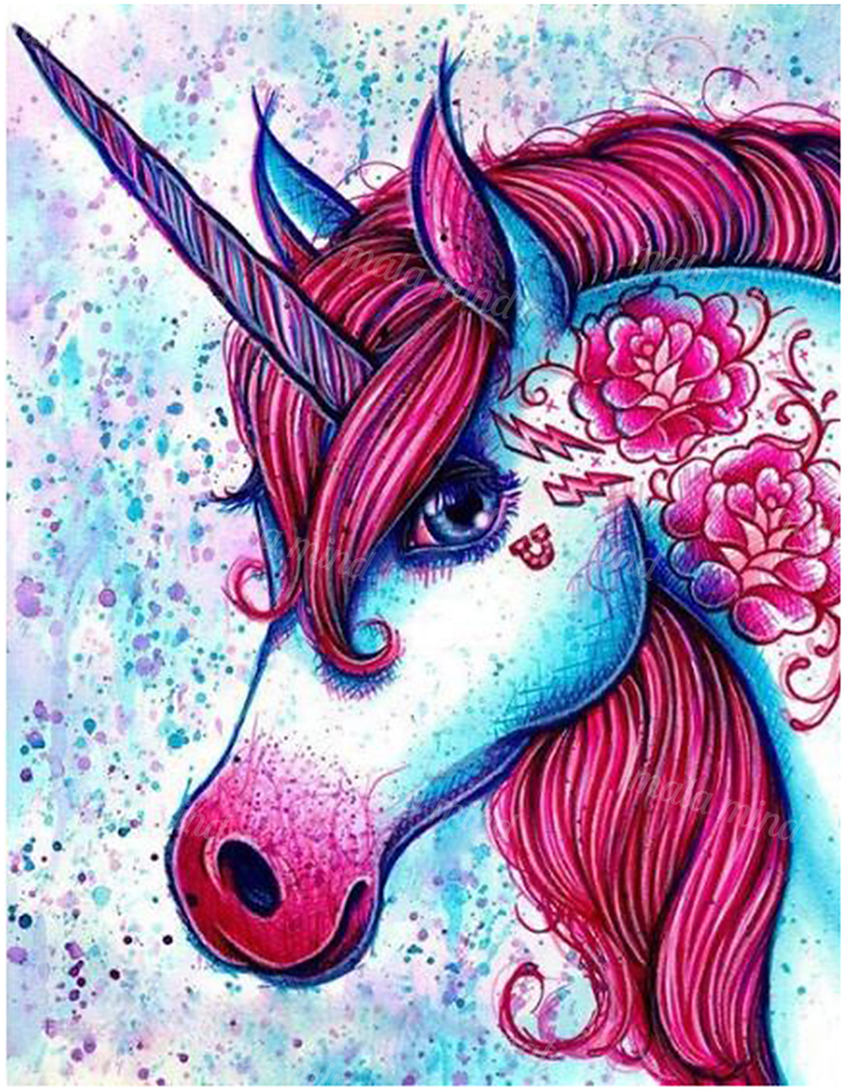 Colorful blue unicorn portrait with a pink mane, spiraled horn, flowers, and a splattered pastel background — 02_master_artwork