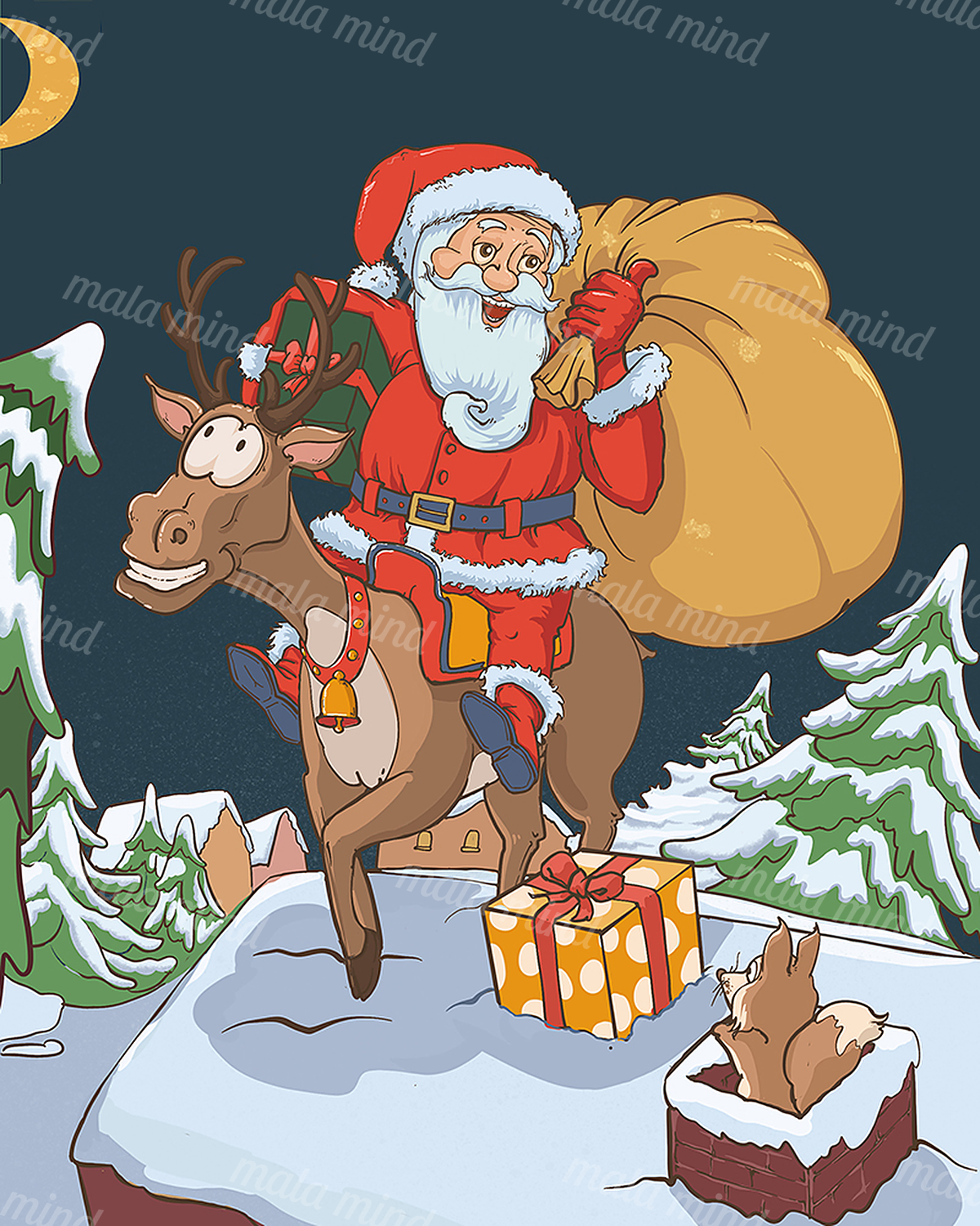 Cartoon Santa rides a reindeer through snowy evergreens with a gift sack and wrapped present. — 02_master_artwork